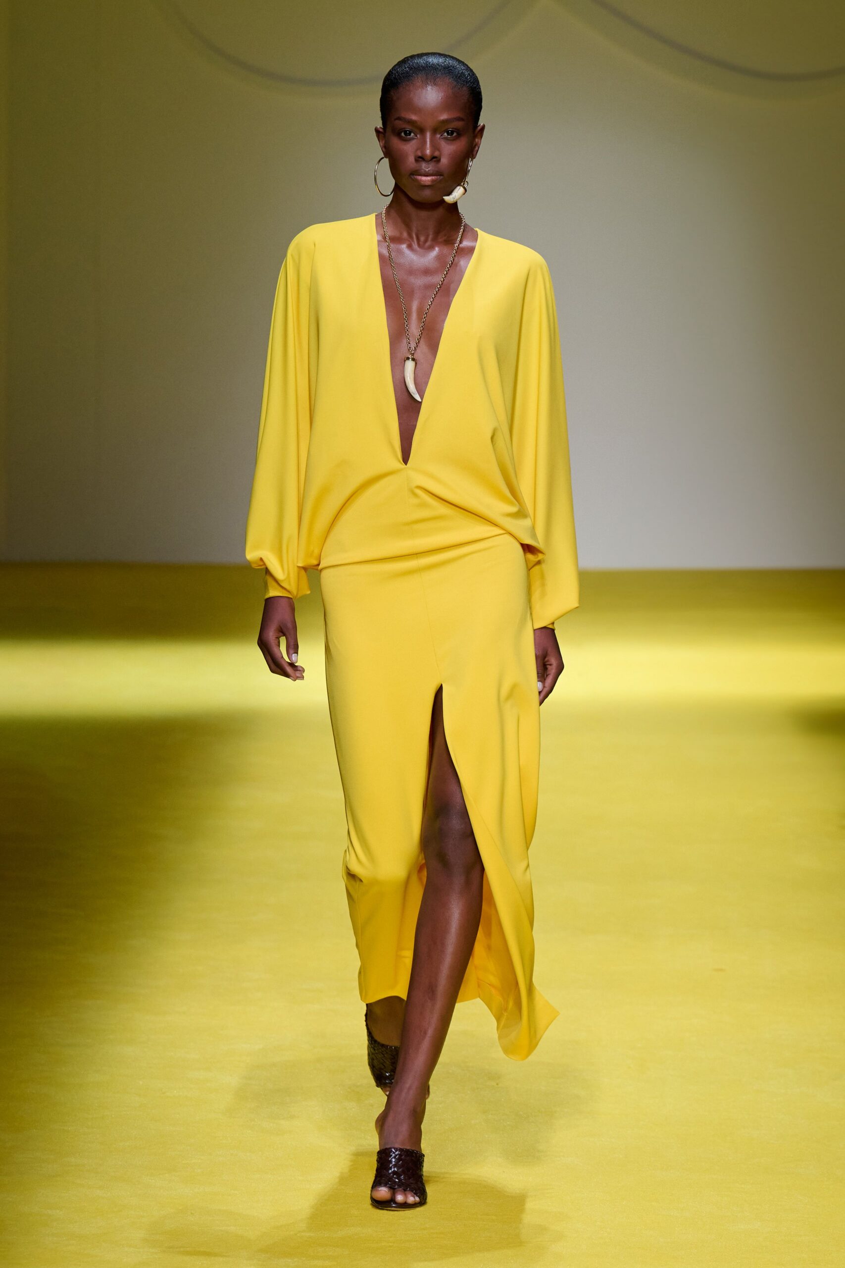 yellow silk maxi gown with slit