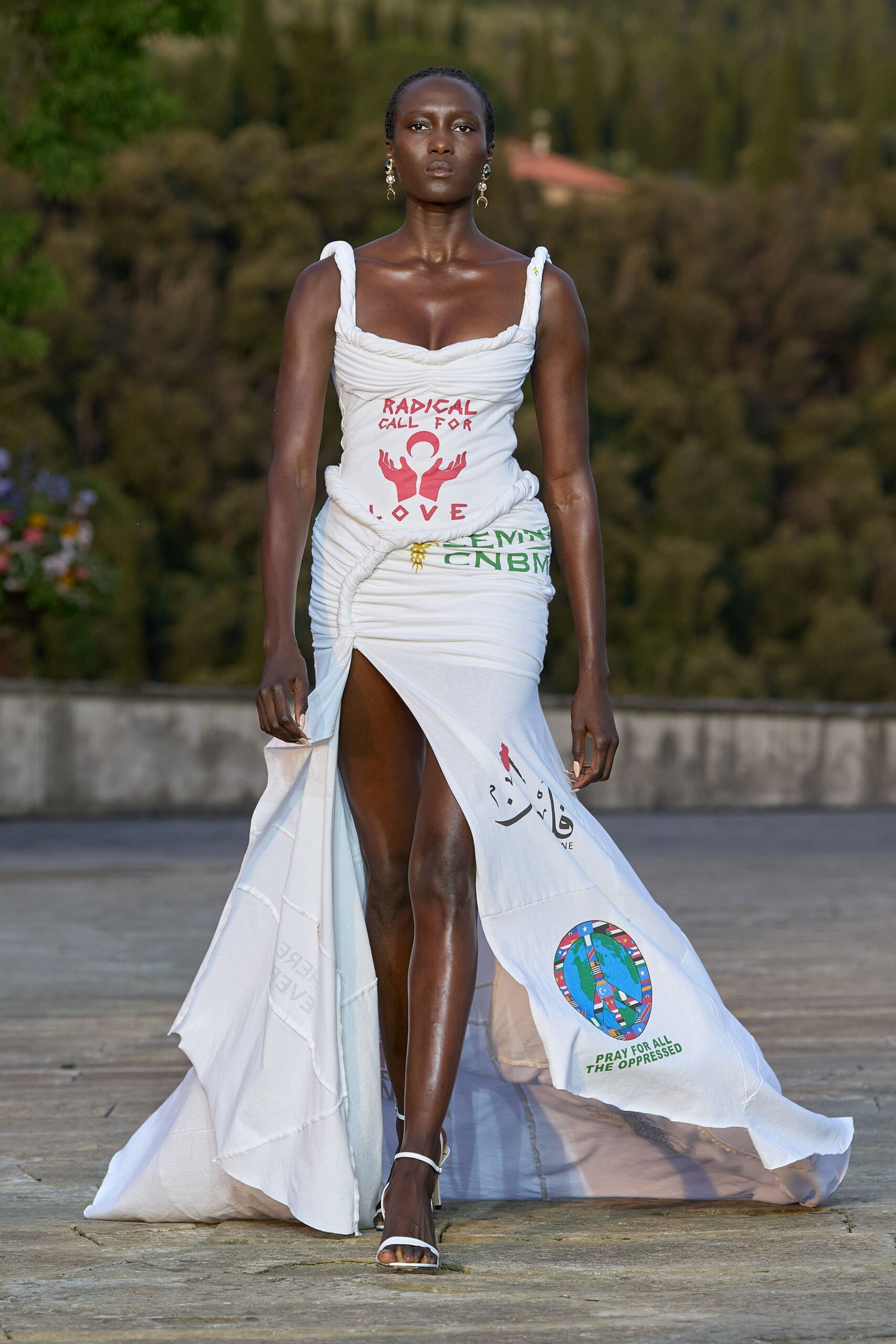 white cotton sleeveless v-neck fitted draped printed gown