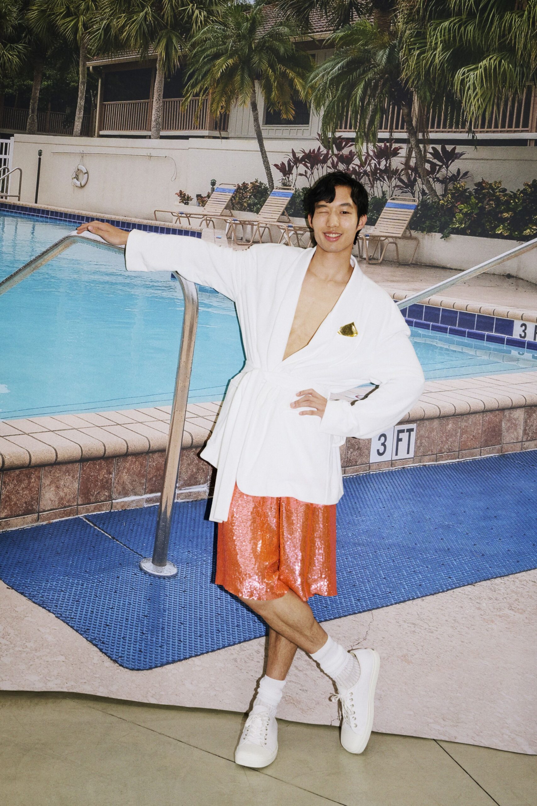 orange silk fitted pleated shiny short shorts