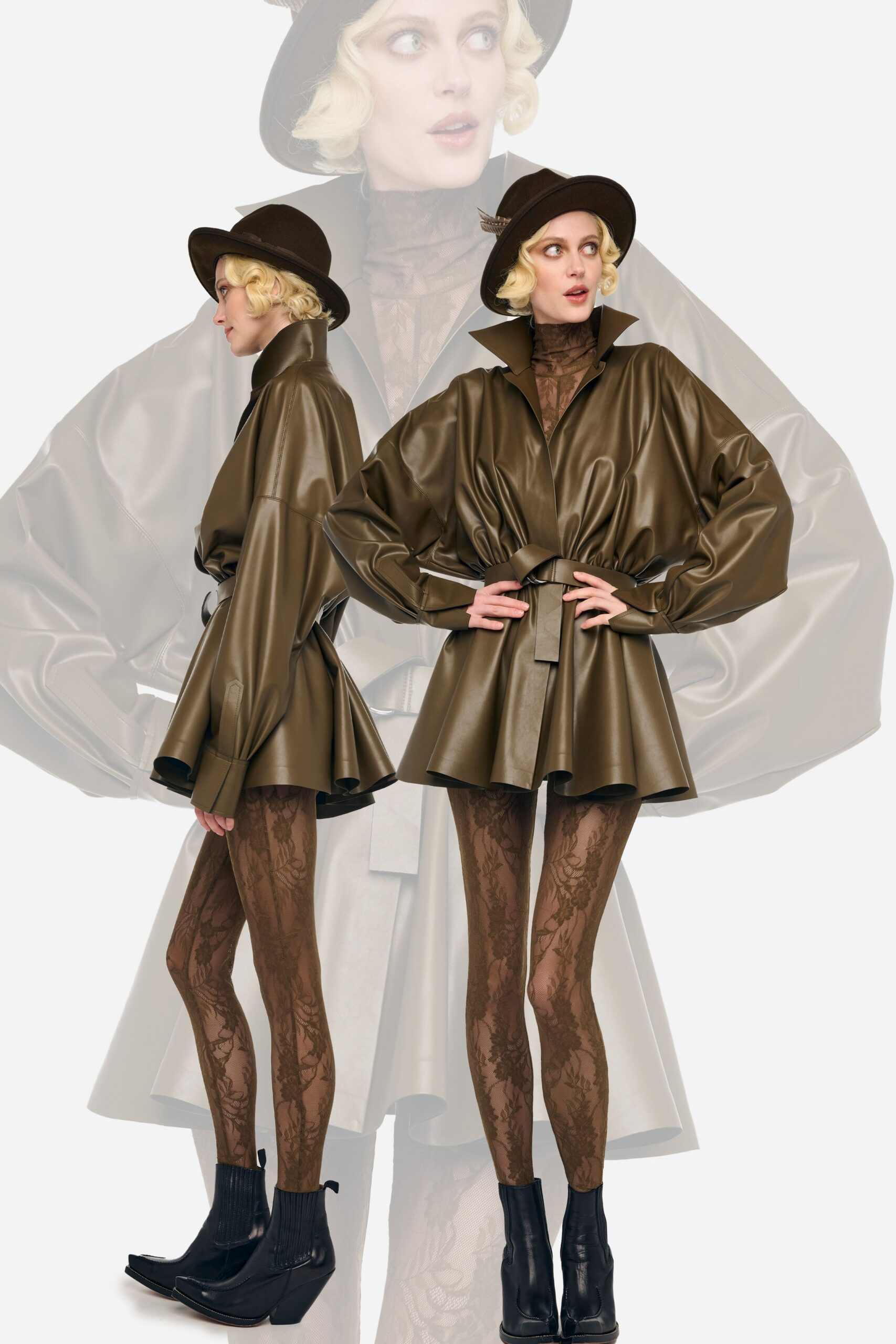 brown leather long-sleeve collared relaxed belted short coat