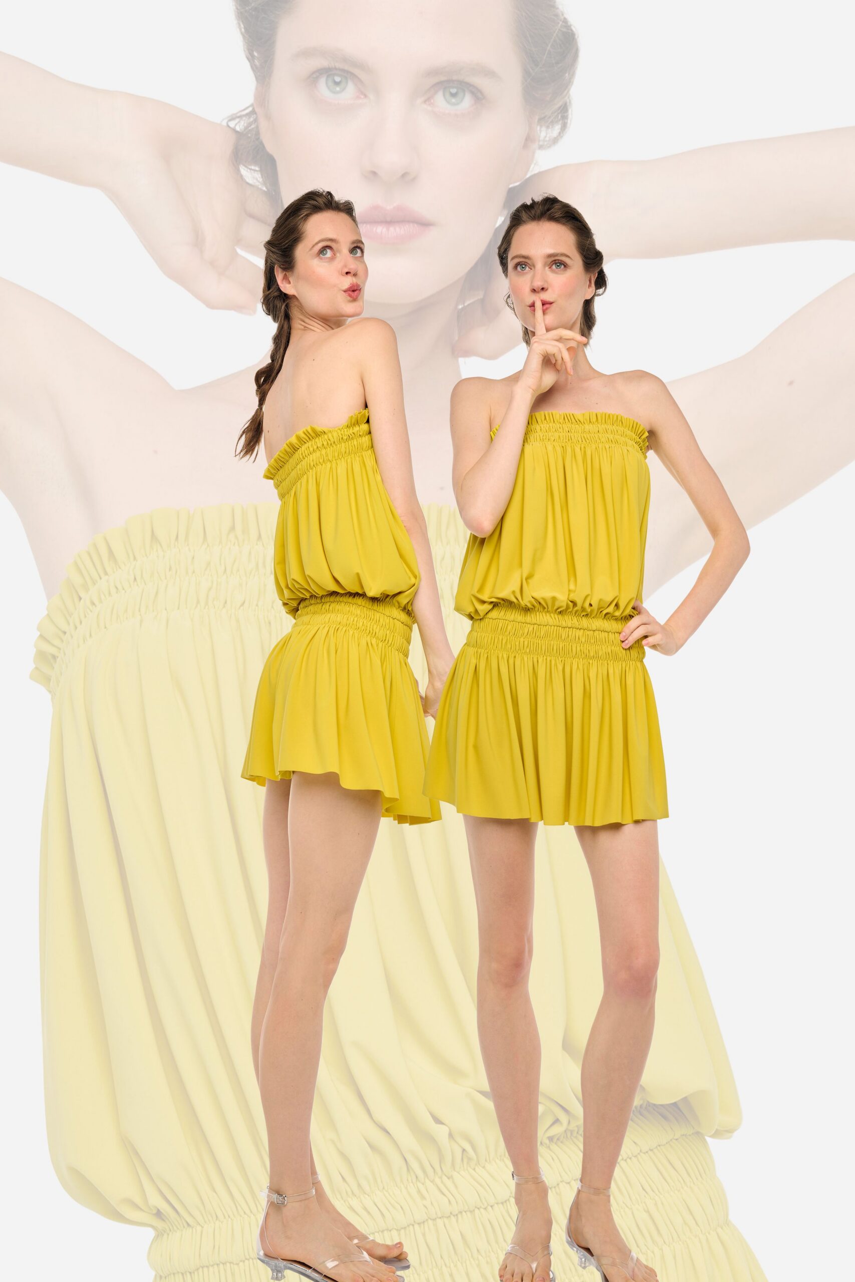 yellow cotton strapless relaxed ruffled short romper