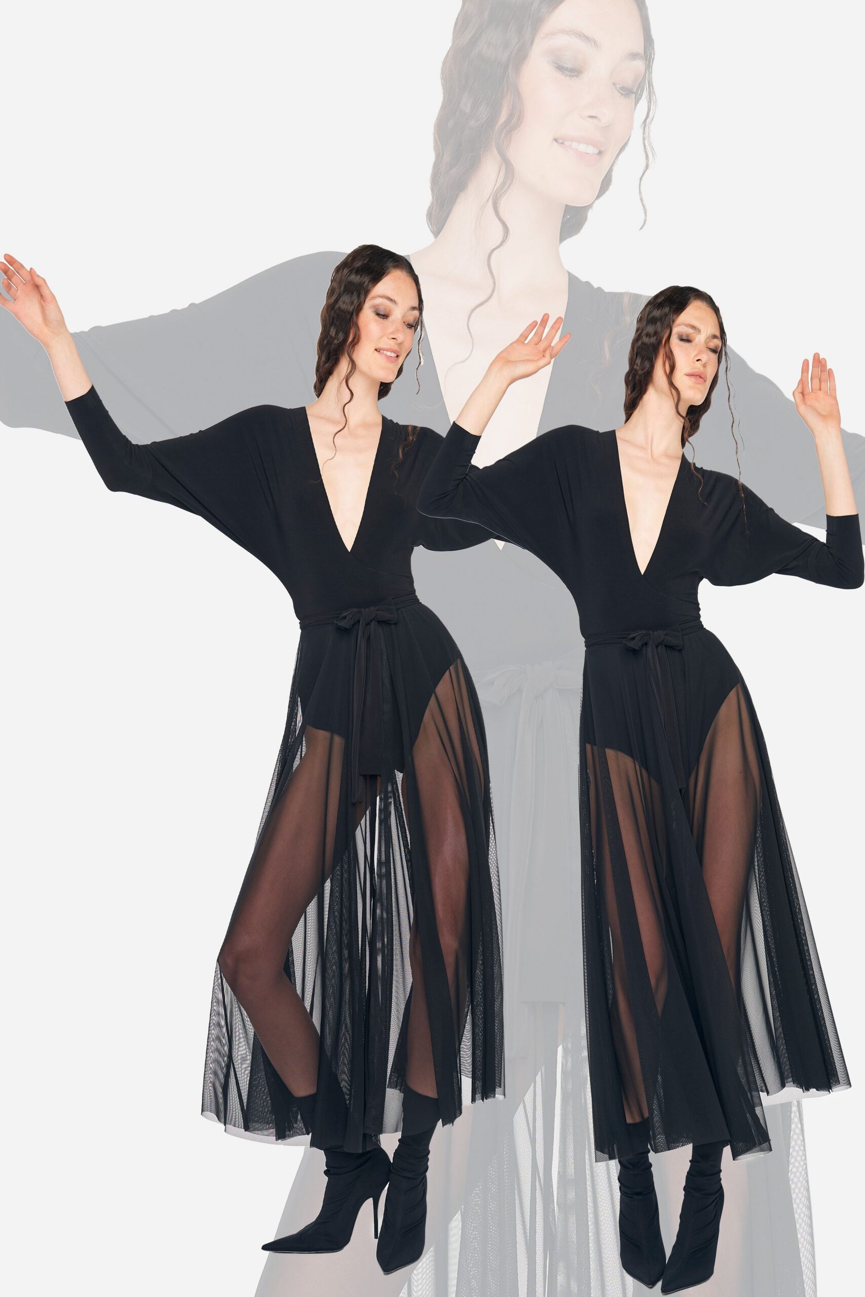 black silk long-sleeve v-neck fitted draped tiered dress