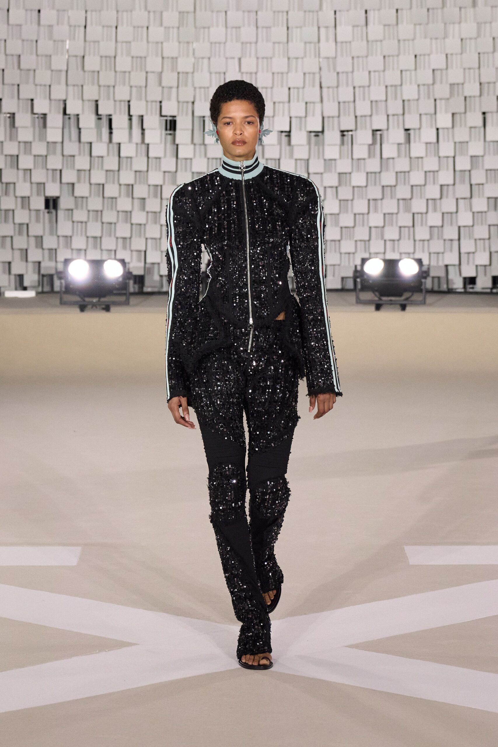 black sequin long-sleeve collared fitted zippered embellished jacket