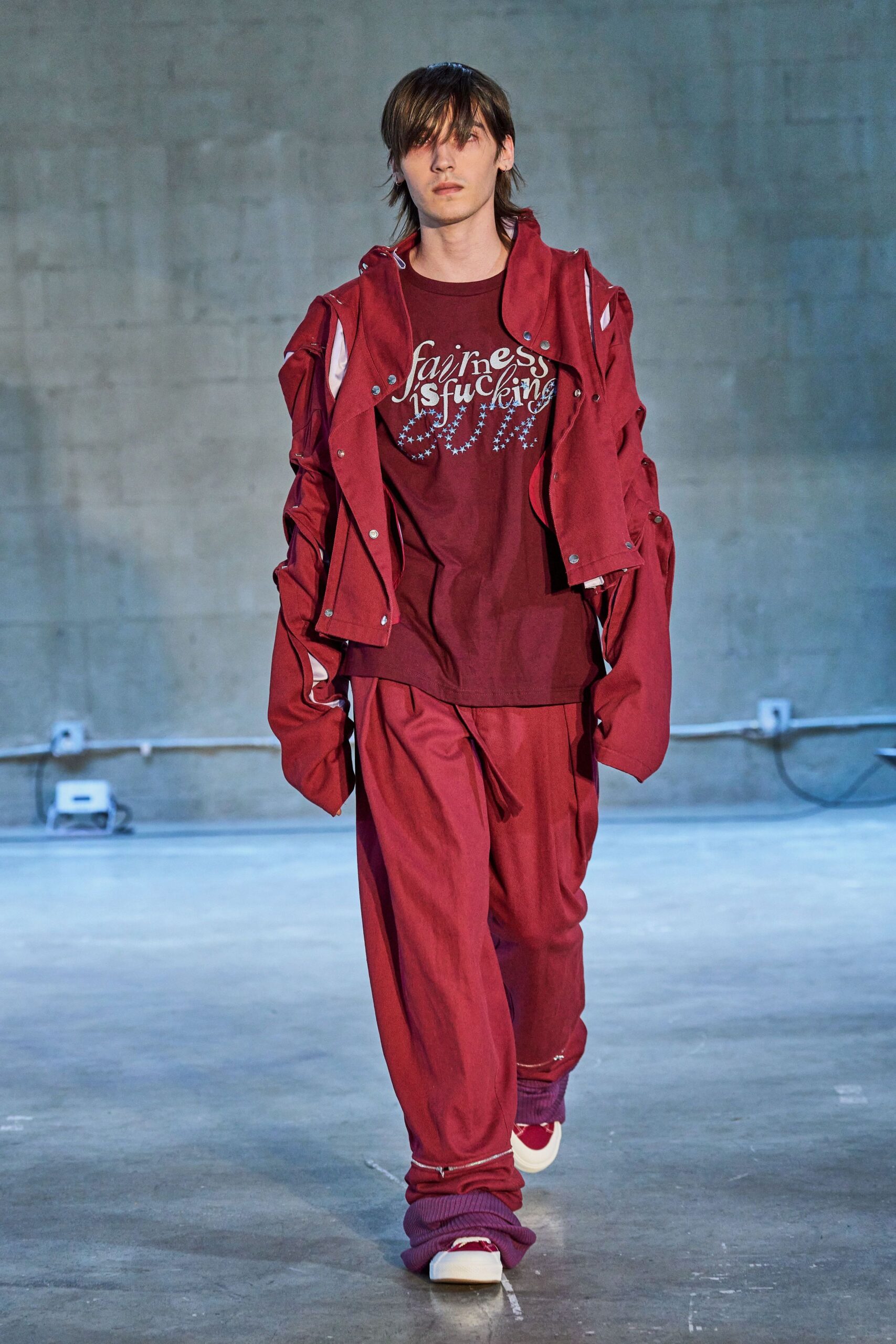 red cotton long-sleeve collared relaxed zippered jacket