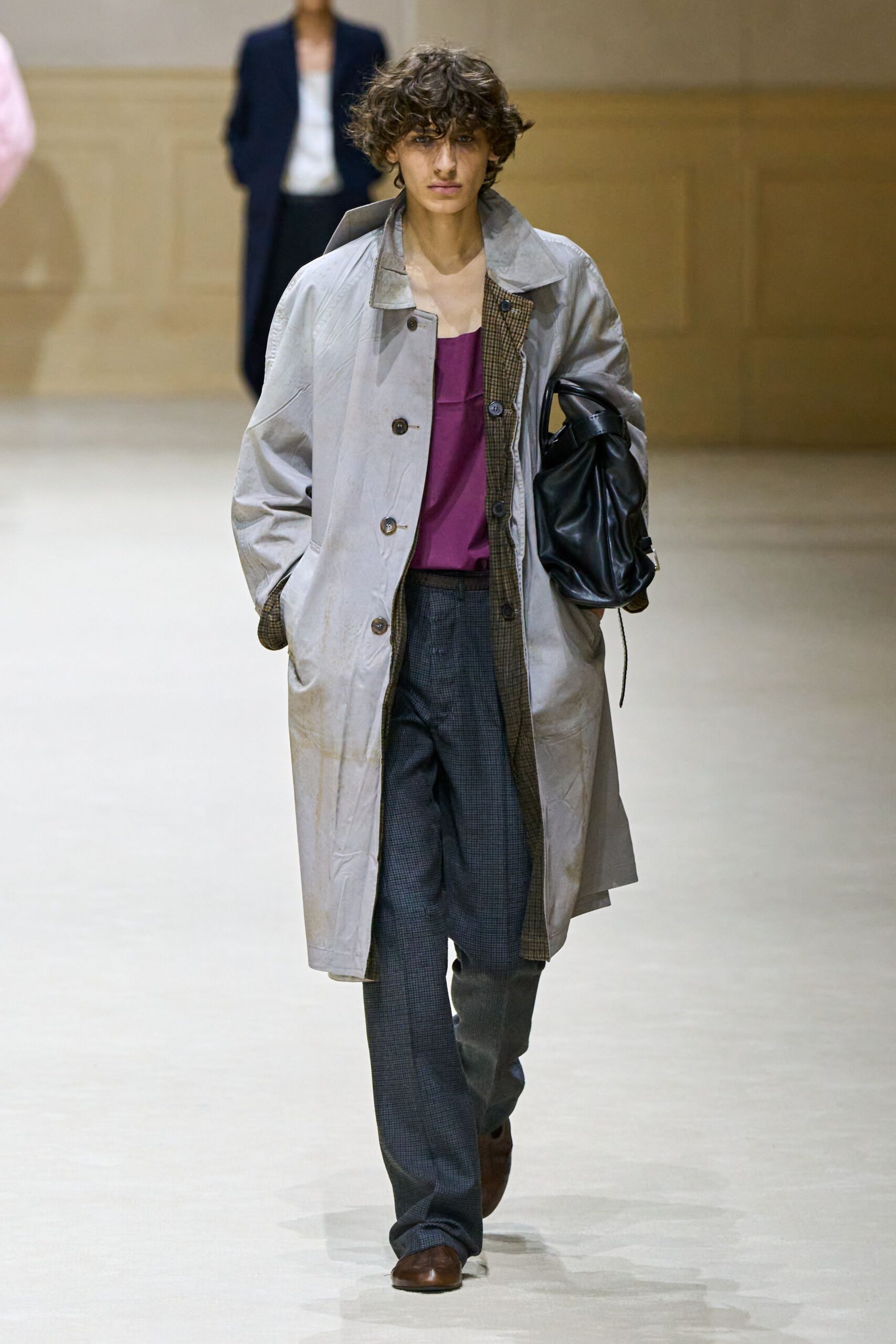 gray coat purple top tailored pants