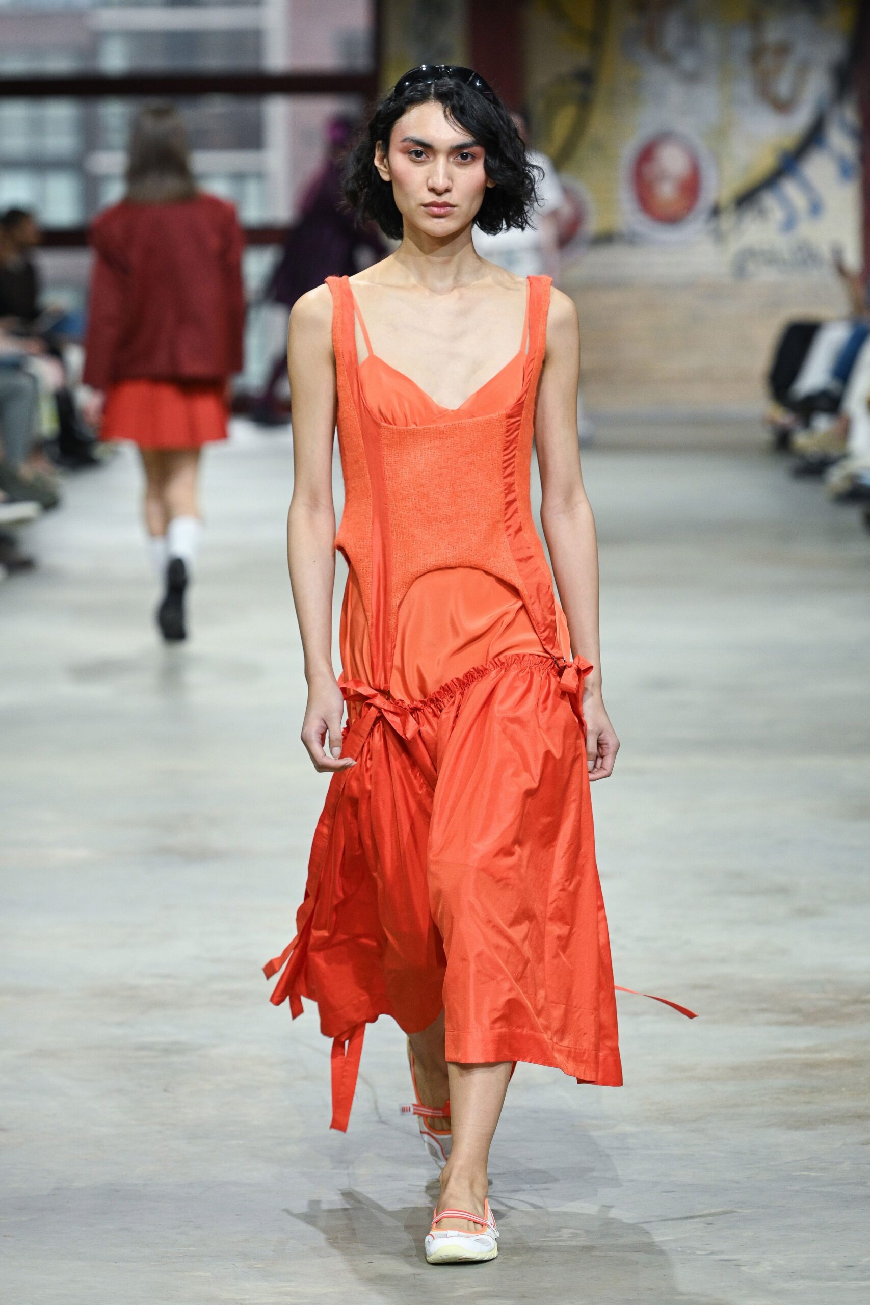 orange cotton sleeveless v-neck fitted draped midi dress