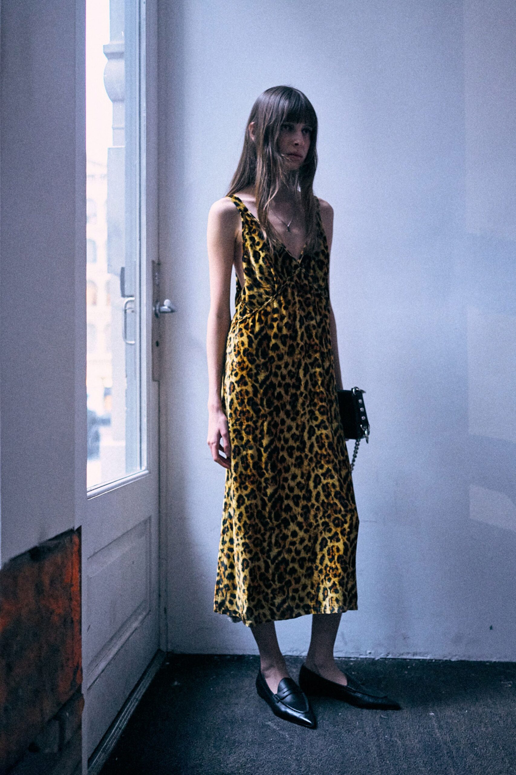 yellow velvet sleeveless v-neck fitted animal-print midi dress