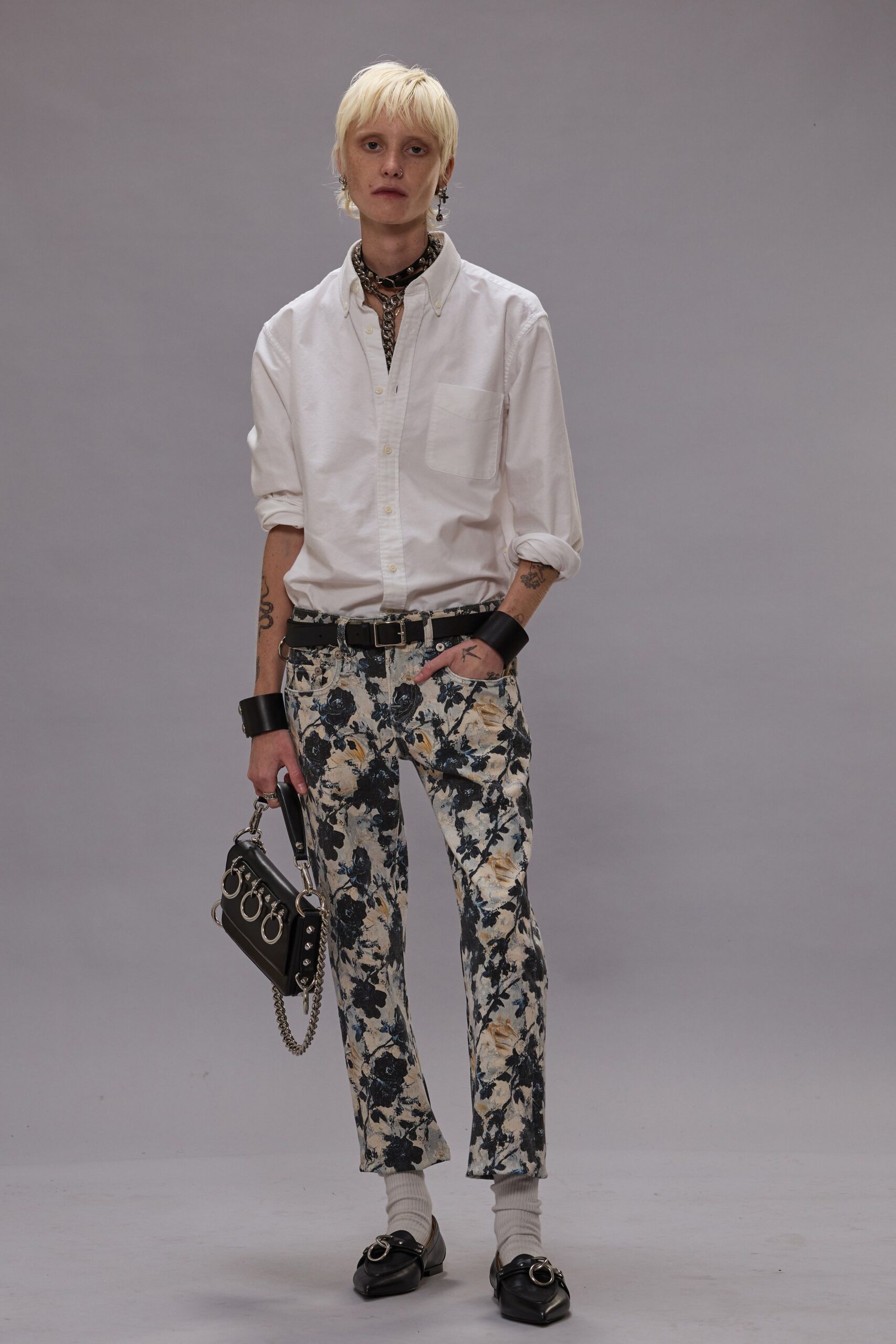 white shirt floral pants