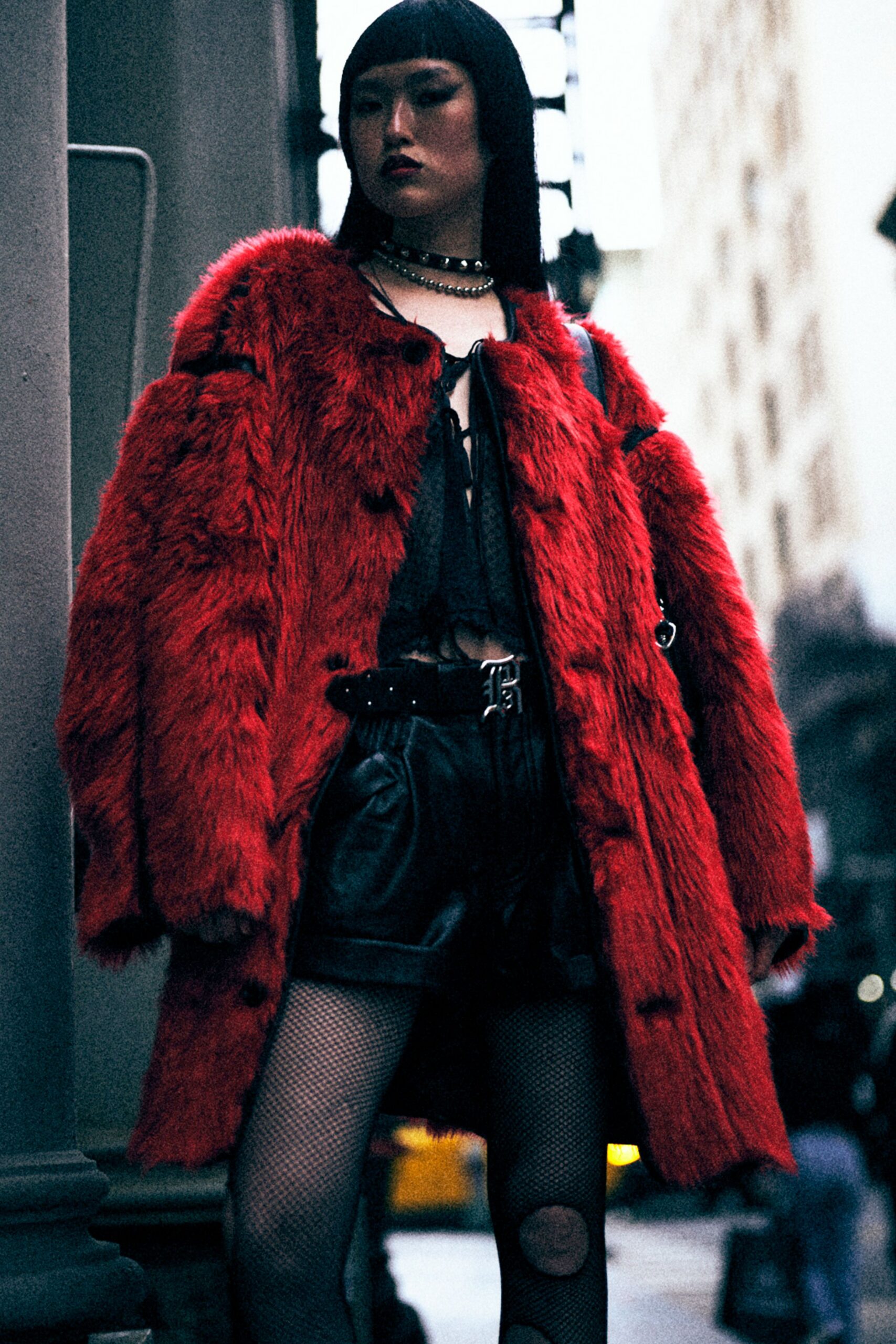 red faux-fur oversized coat
