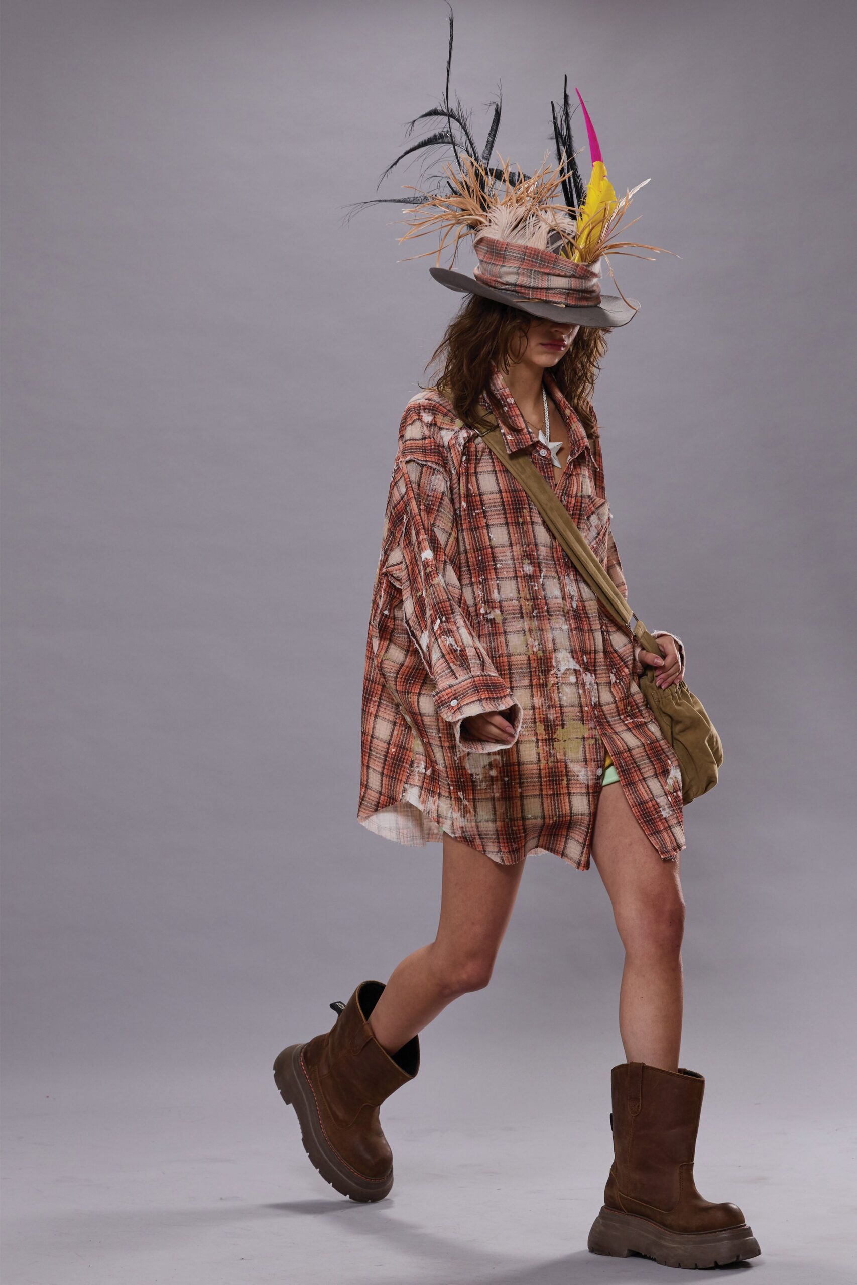 orange cotton long-sleeve collared oversized checked short shirt-dress