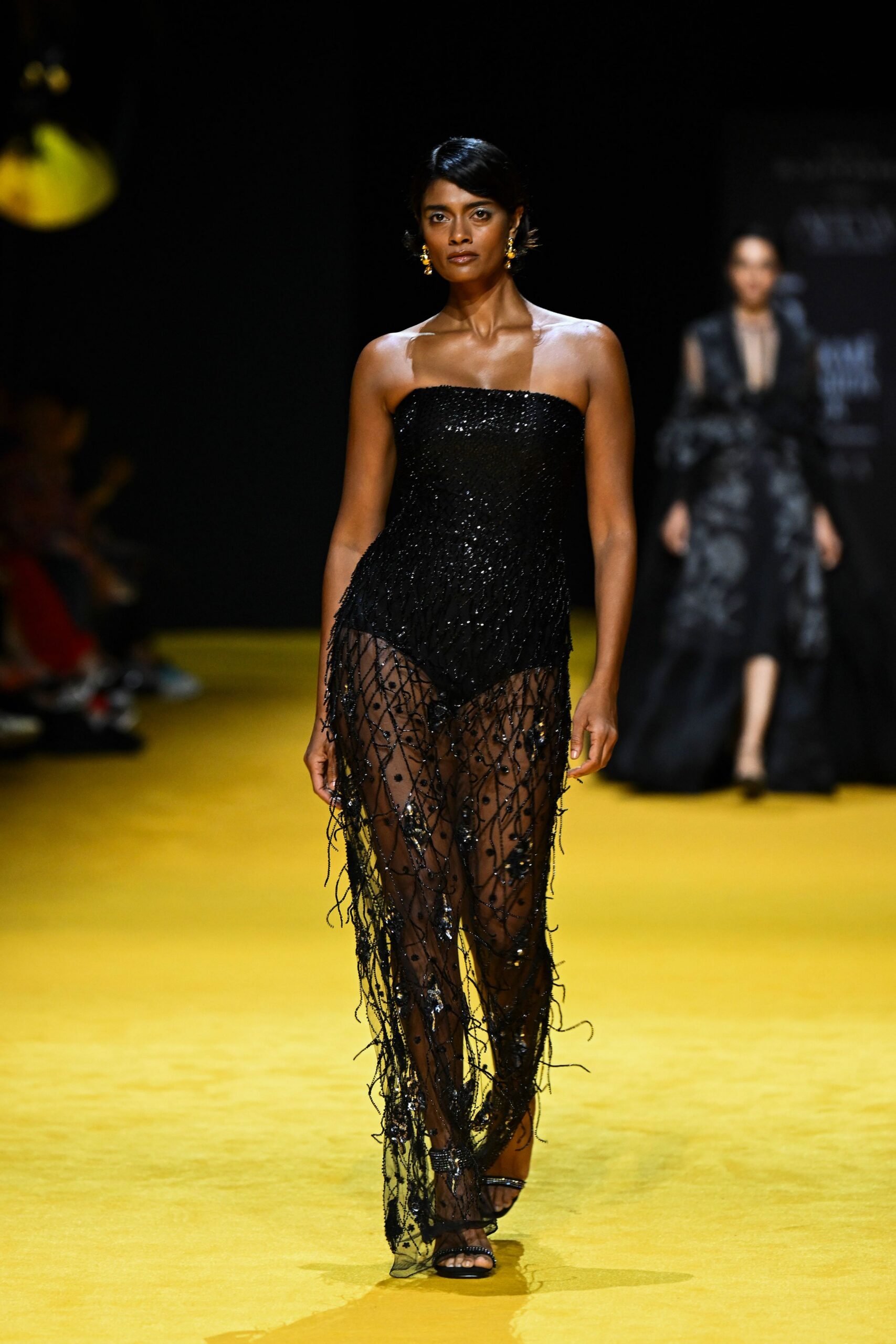 black sequin bodysuit with sheer pants