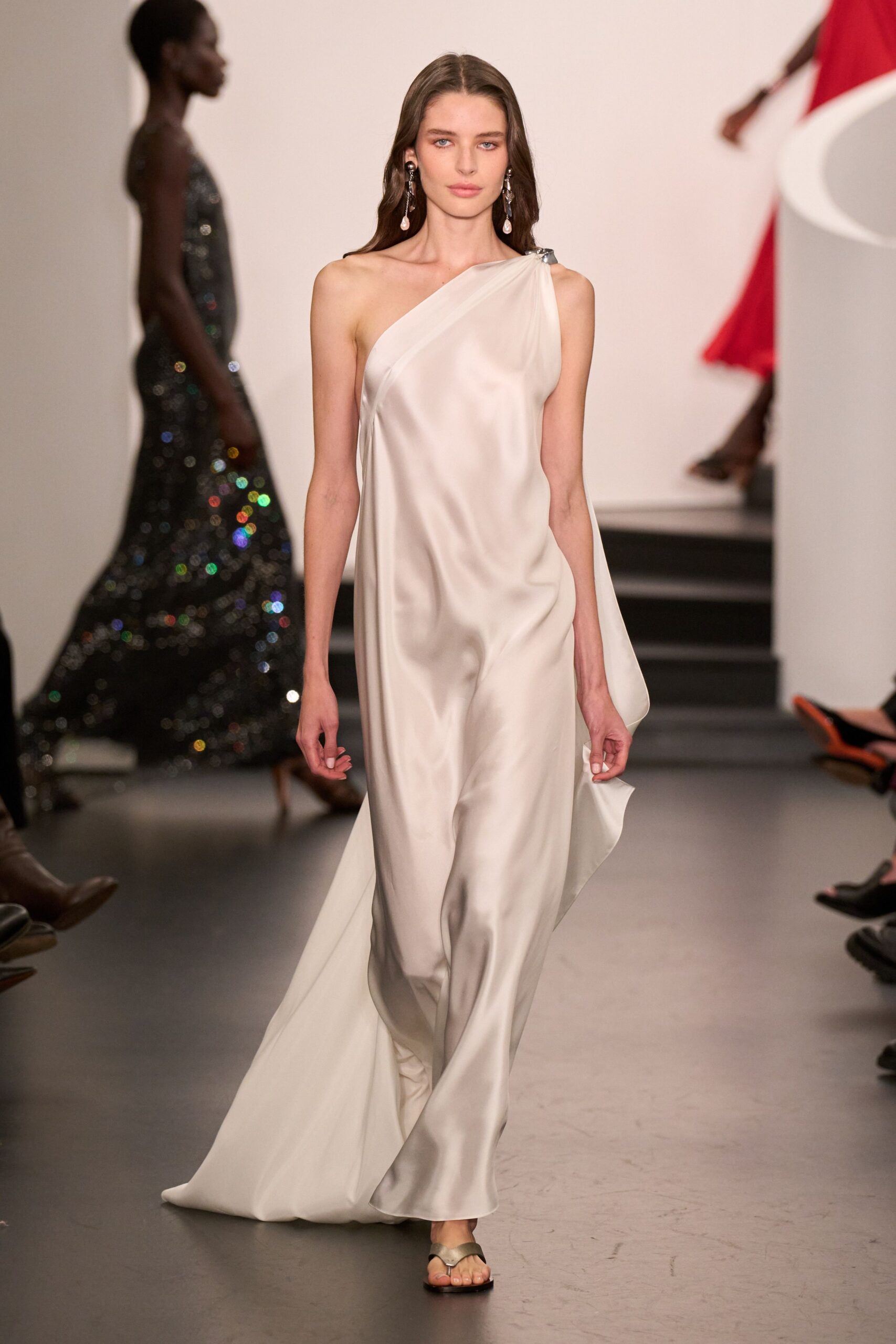 white silk asymmetric gown