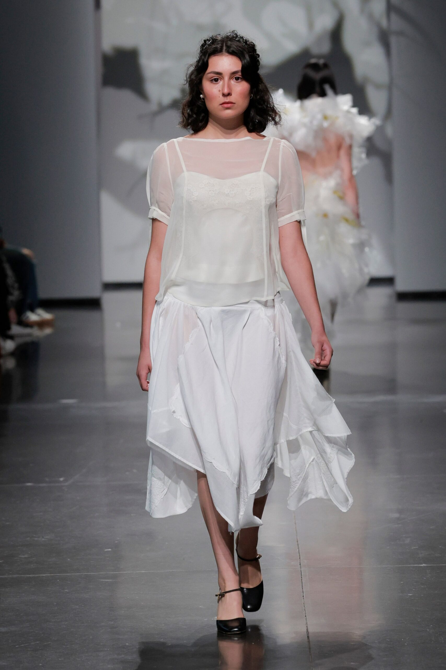 white chiffon top and midi skirt