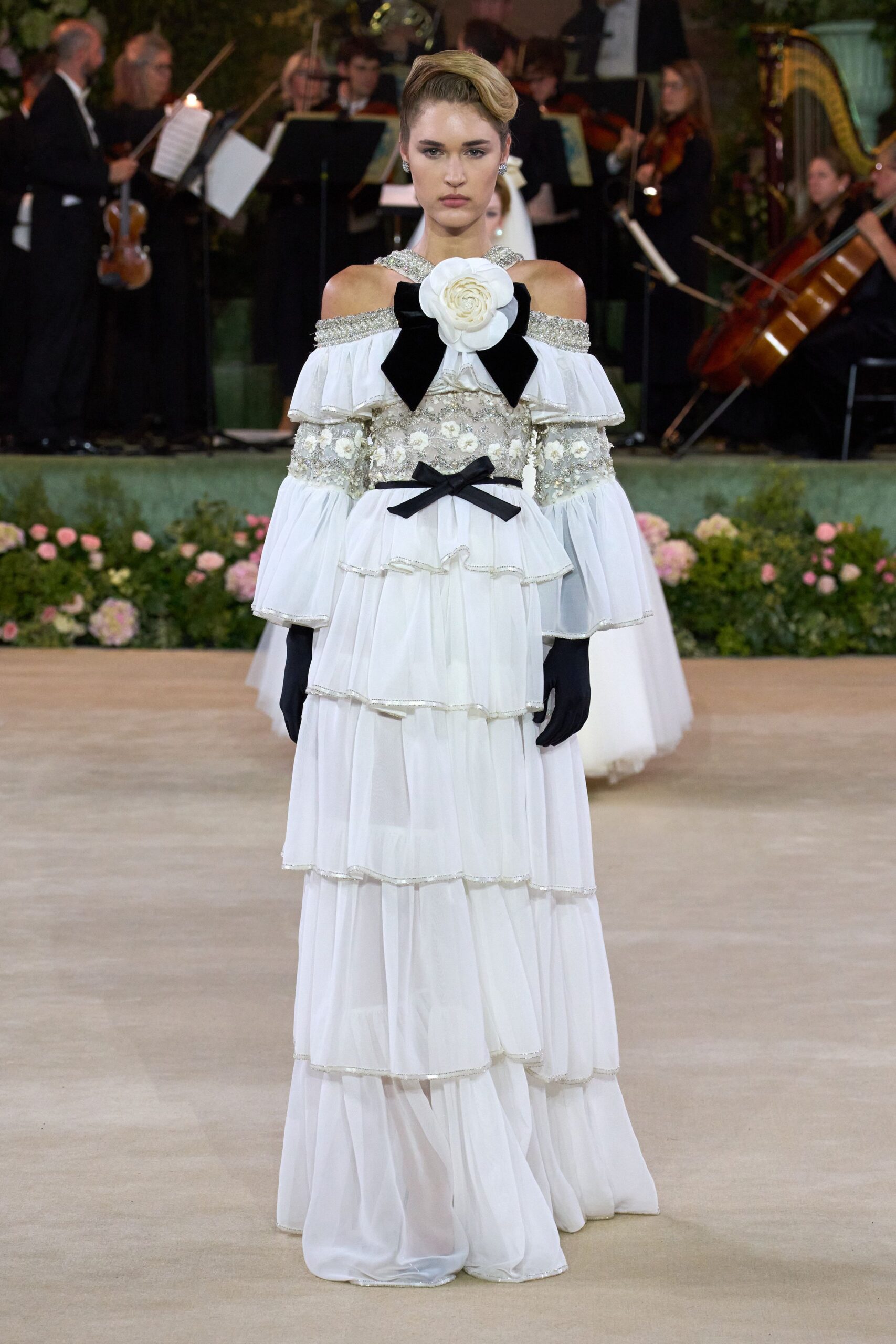 white chiffon long-sleeve off-shoulder fitted tiered ruffled gown