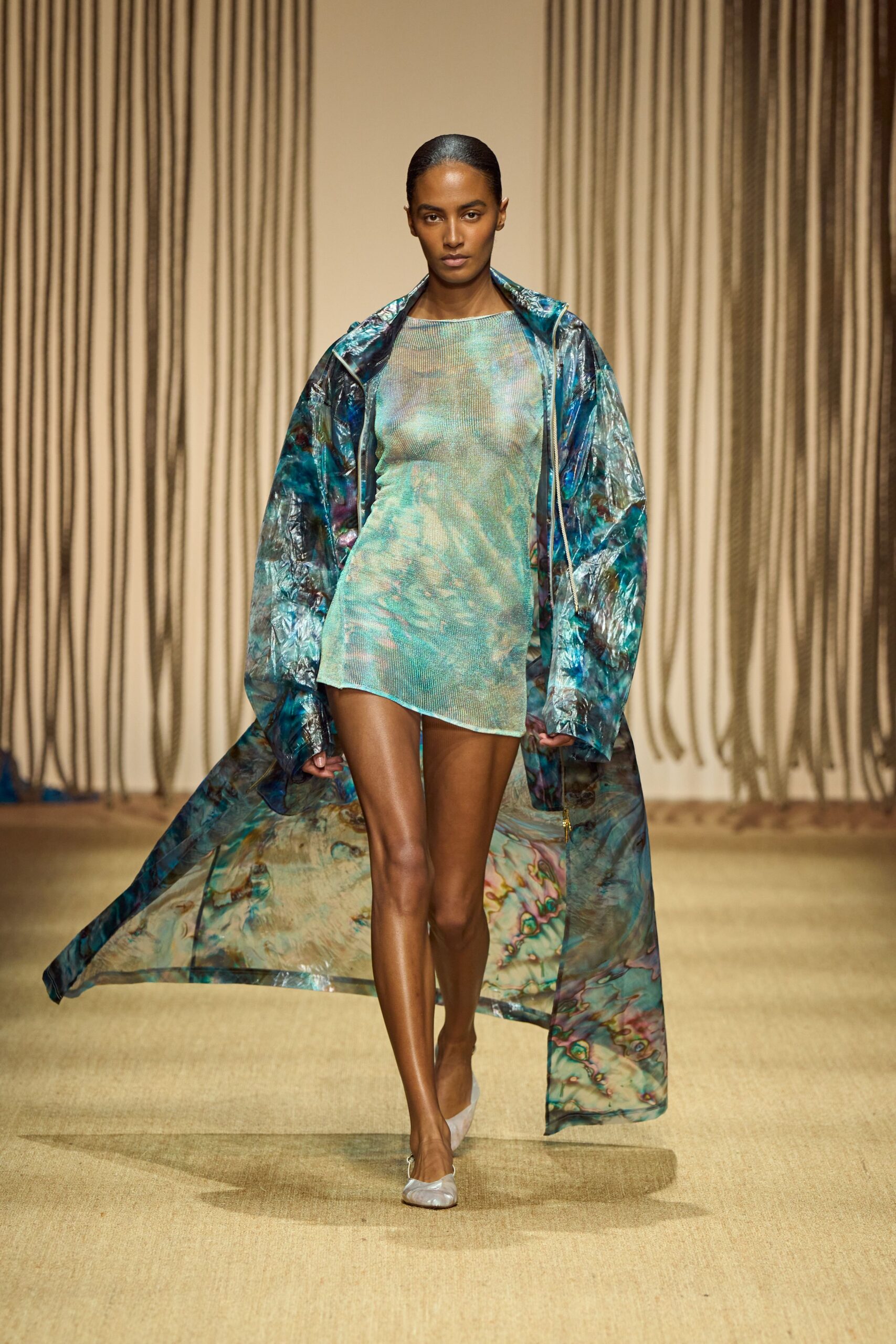 blue silk sleeveless high-neck fitted layered sheer dress