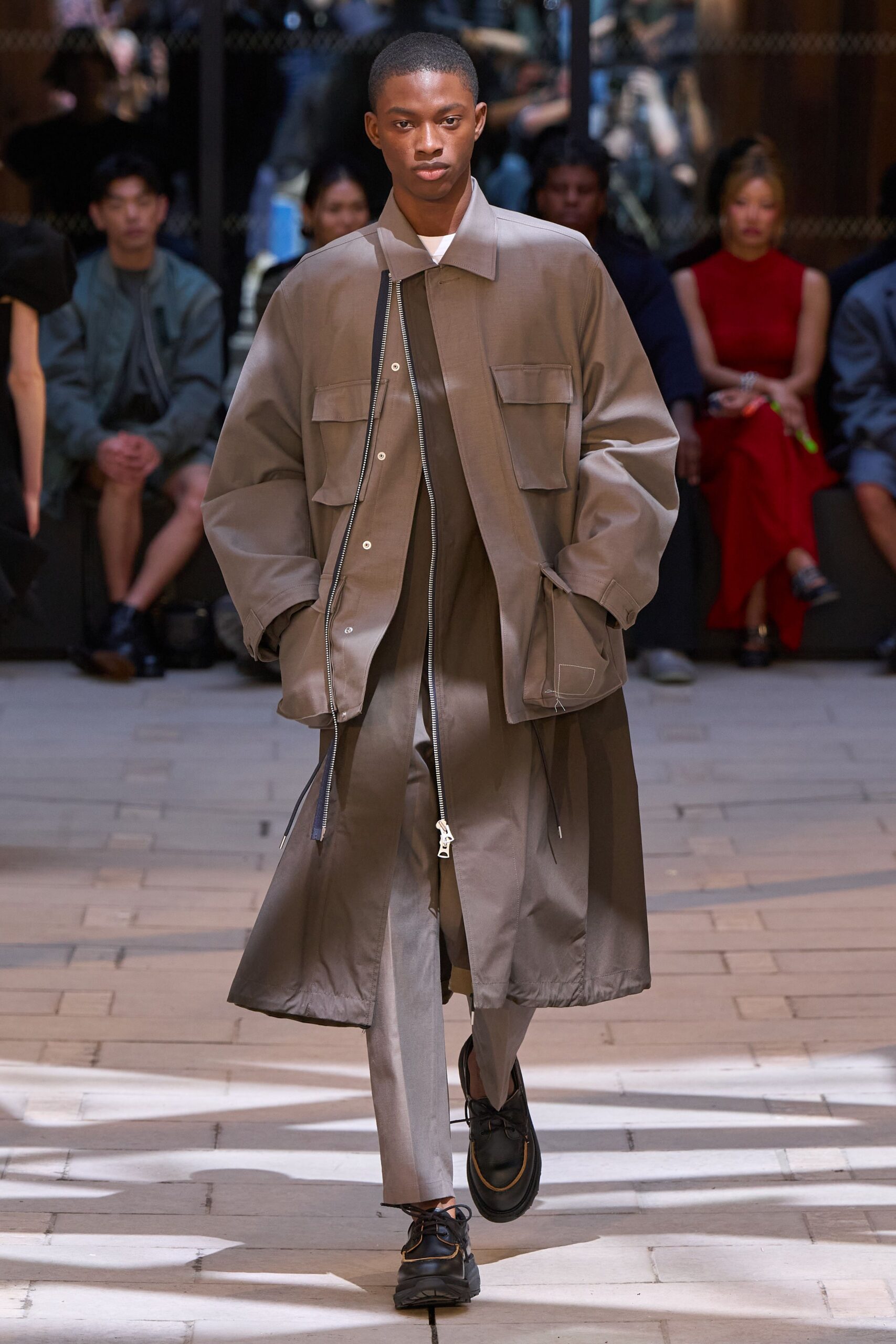 beige cotton coat with gray pants