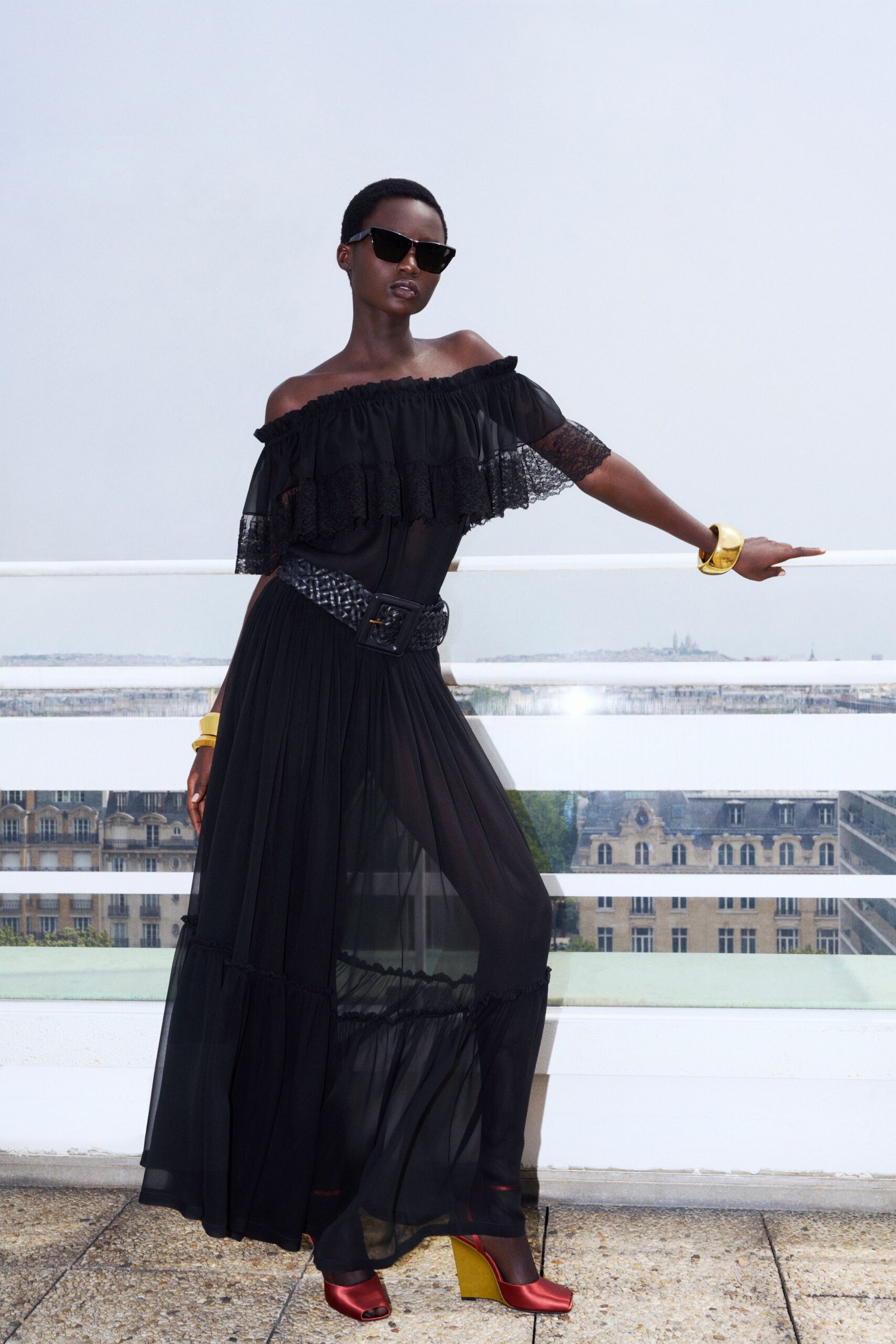 black chiffon off-shoulder long-sleeve fitted ruffled tiered dress
