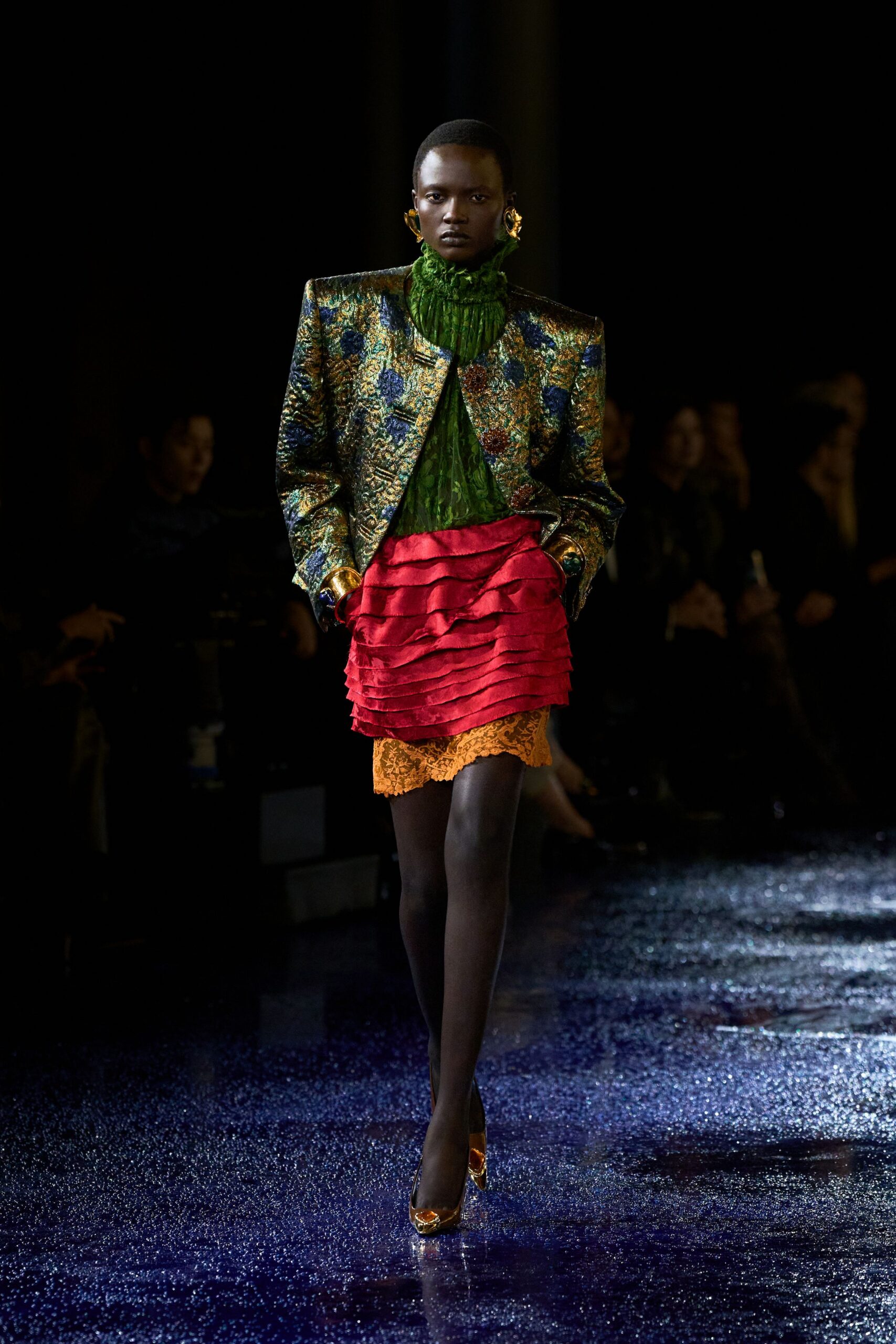 gold silk long-sleeve collared structured embroidered jacket