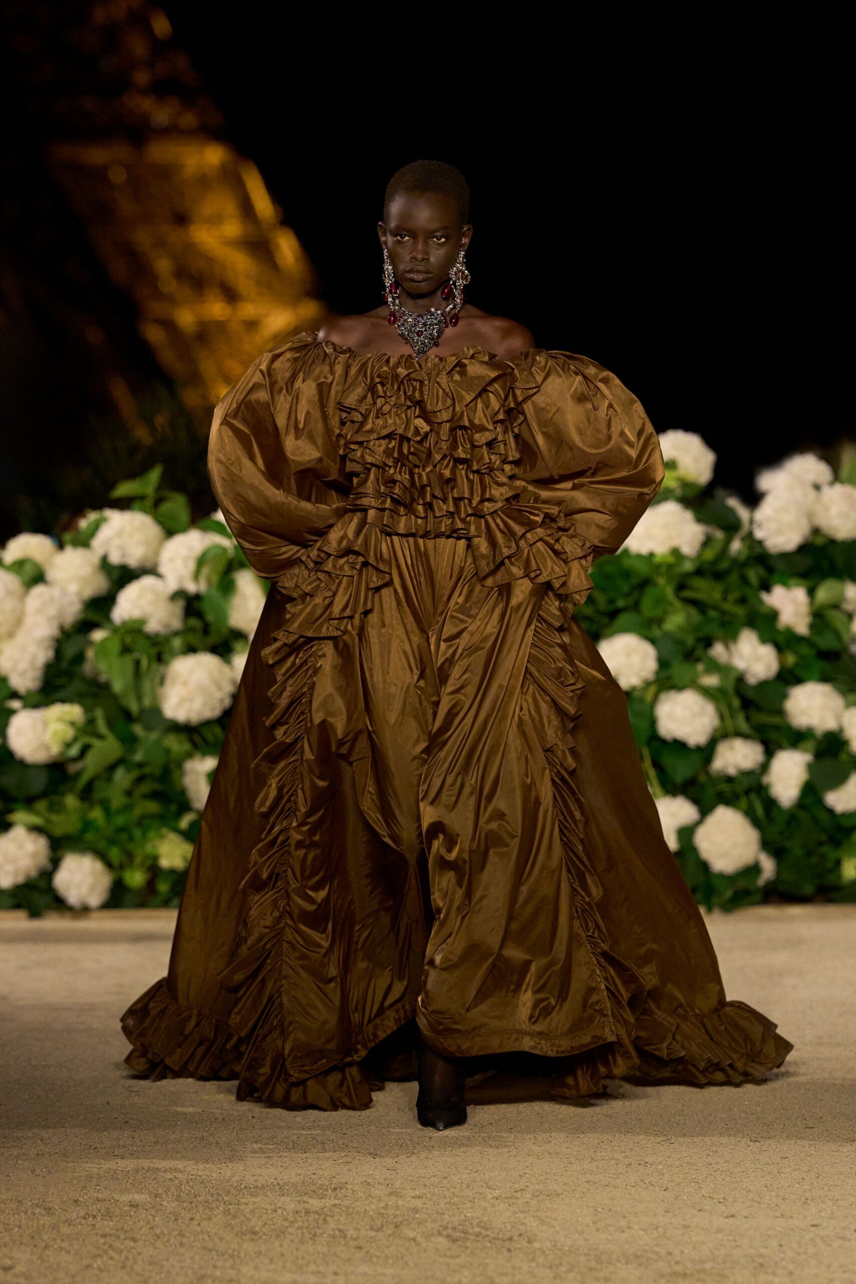 brown silk long-sleeve off-shoulder relaxed ruffled maxi gown
