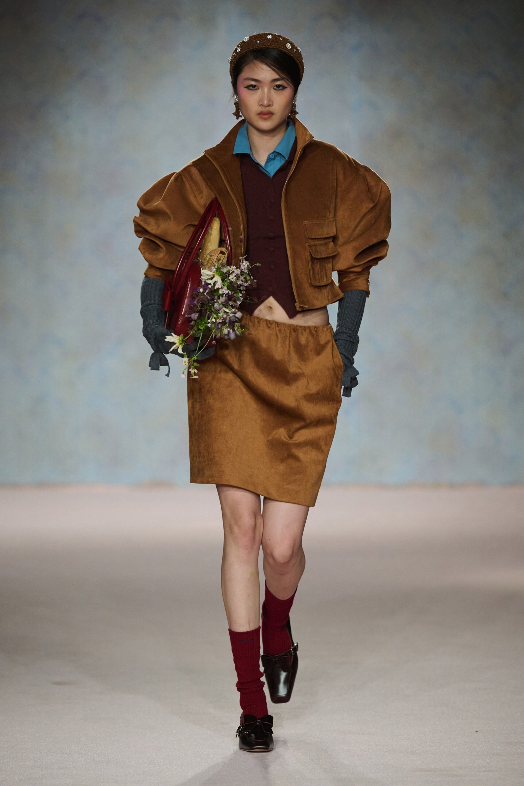 brown cotton short-sleeve relaxed padded cropped jacket