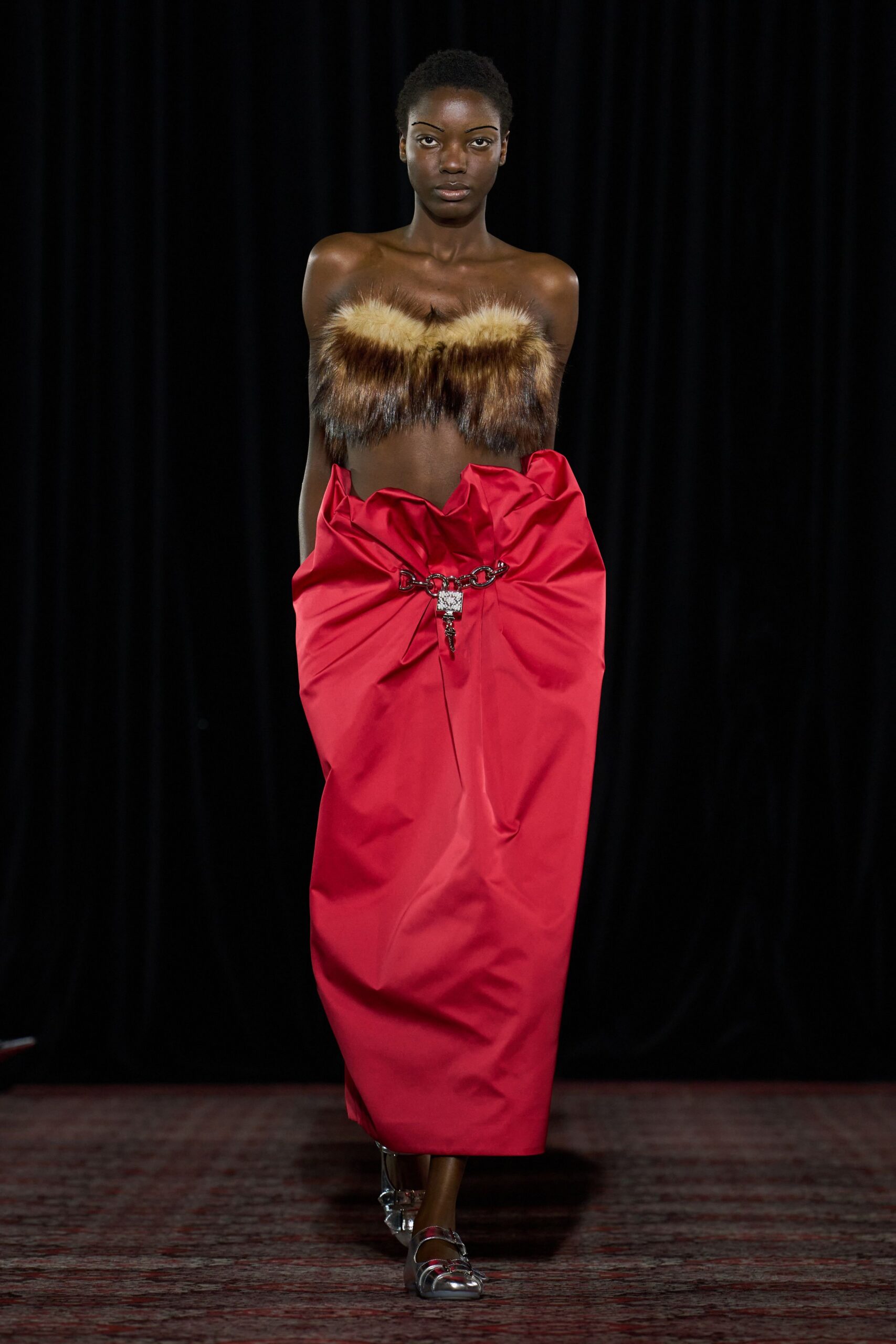 red silk strapless dress