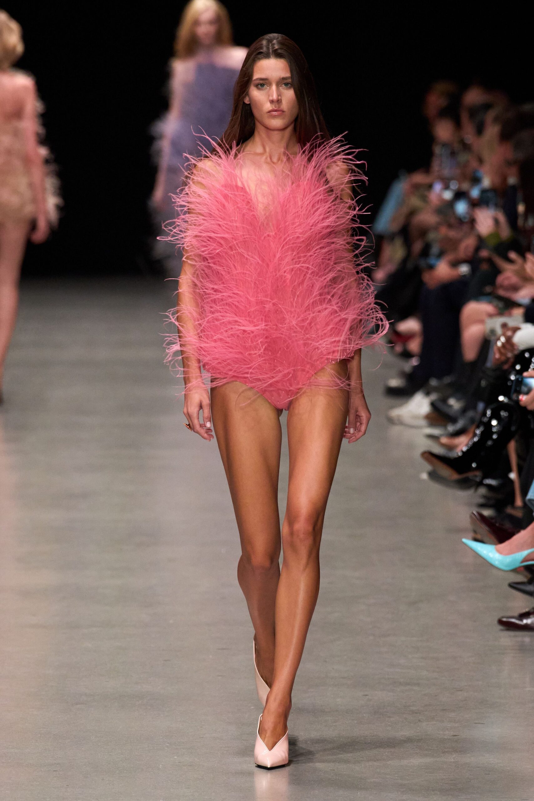 pink feather sleeveless v-neck fitted ruffled bodysuit