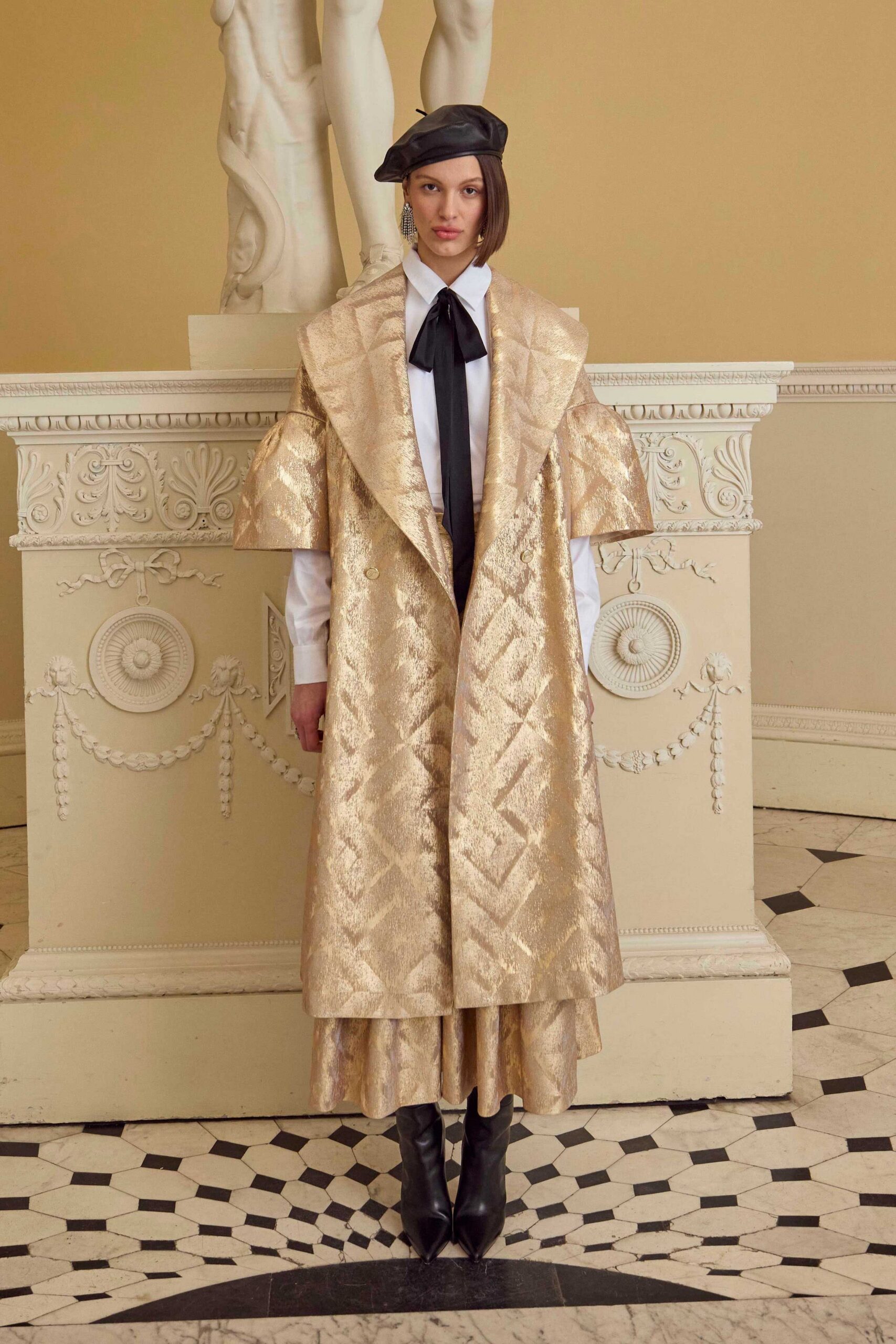 gold silk long-sleeve collared relaxed embroidered layered coat