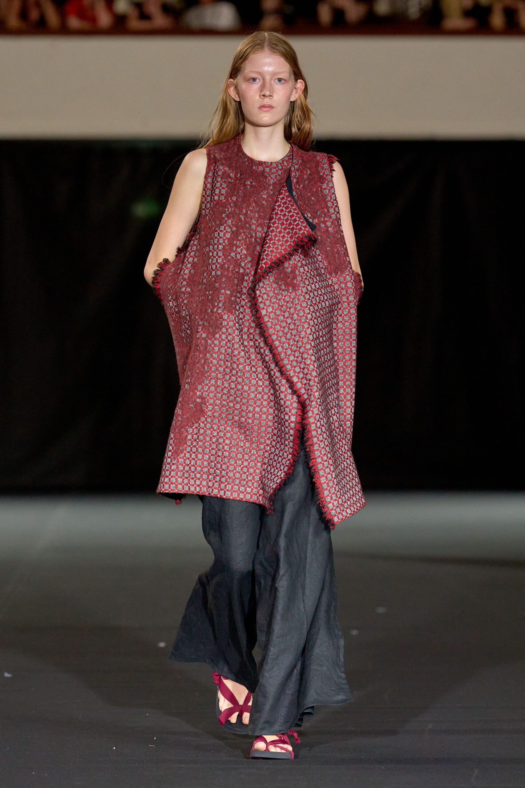 red silk sleeveless collared relaxed layered vest
