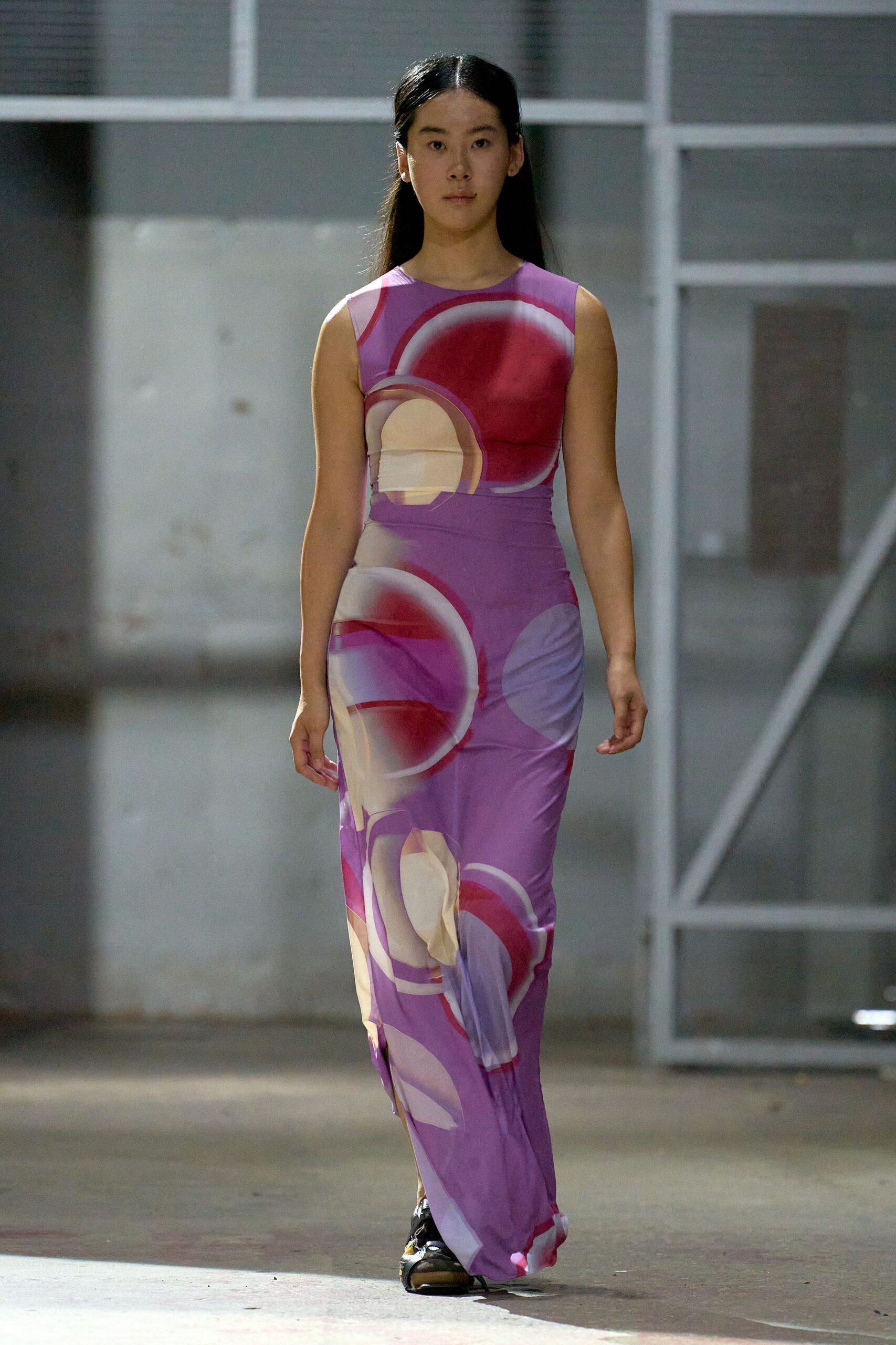 purple silk sleeveless high-neck fitted printed flowing gown