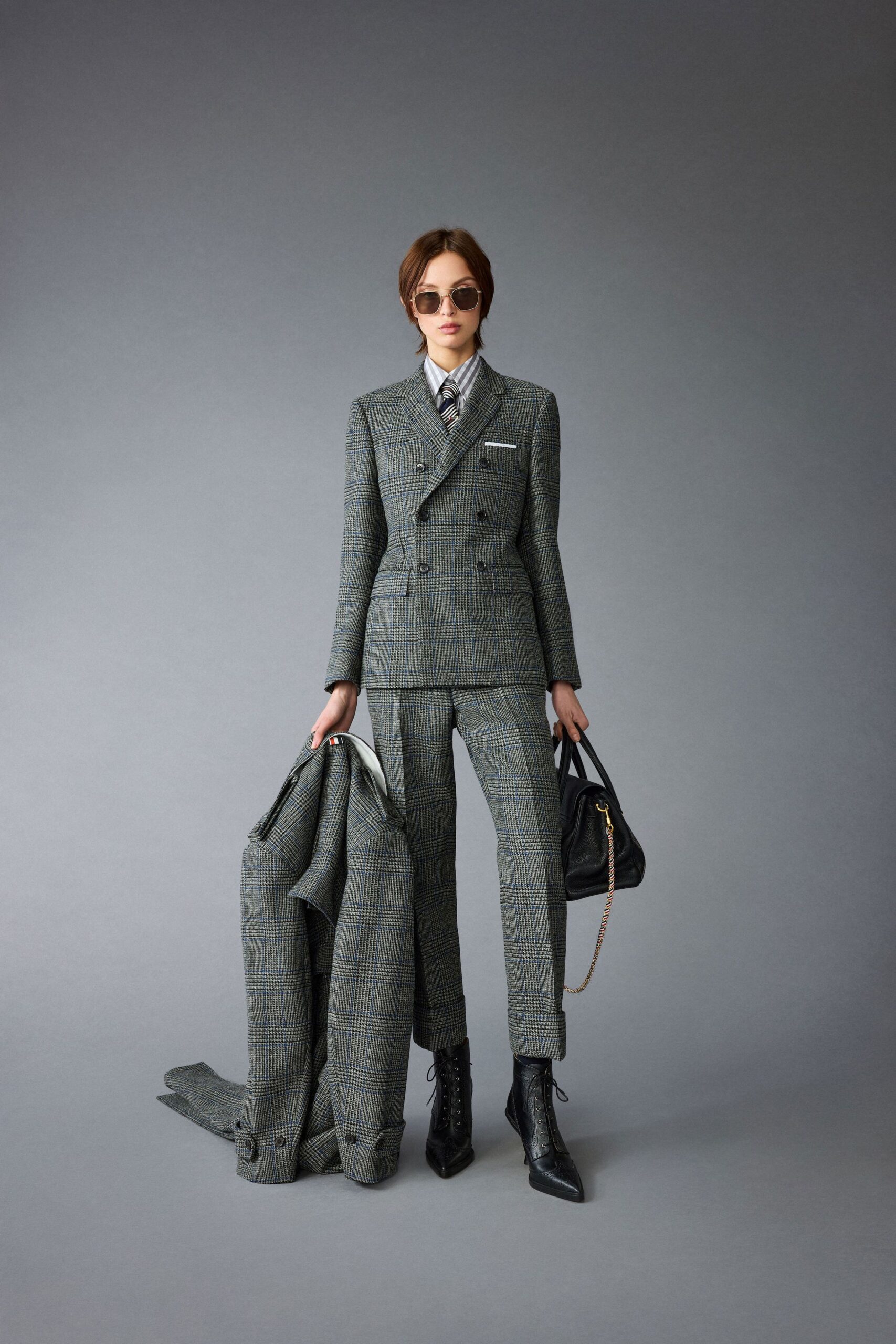 gray tweed long-sleeve collared tailored buttoned pencil suit