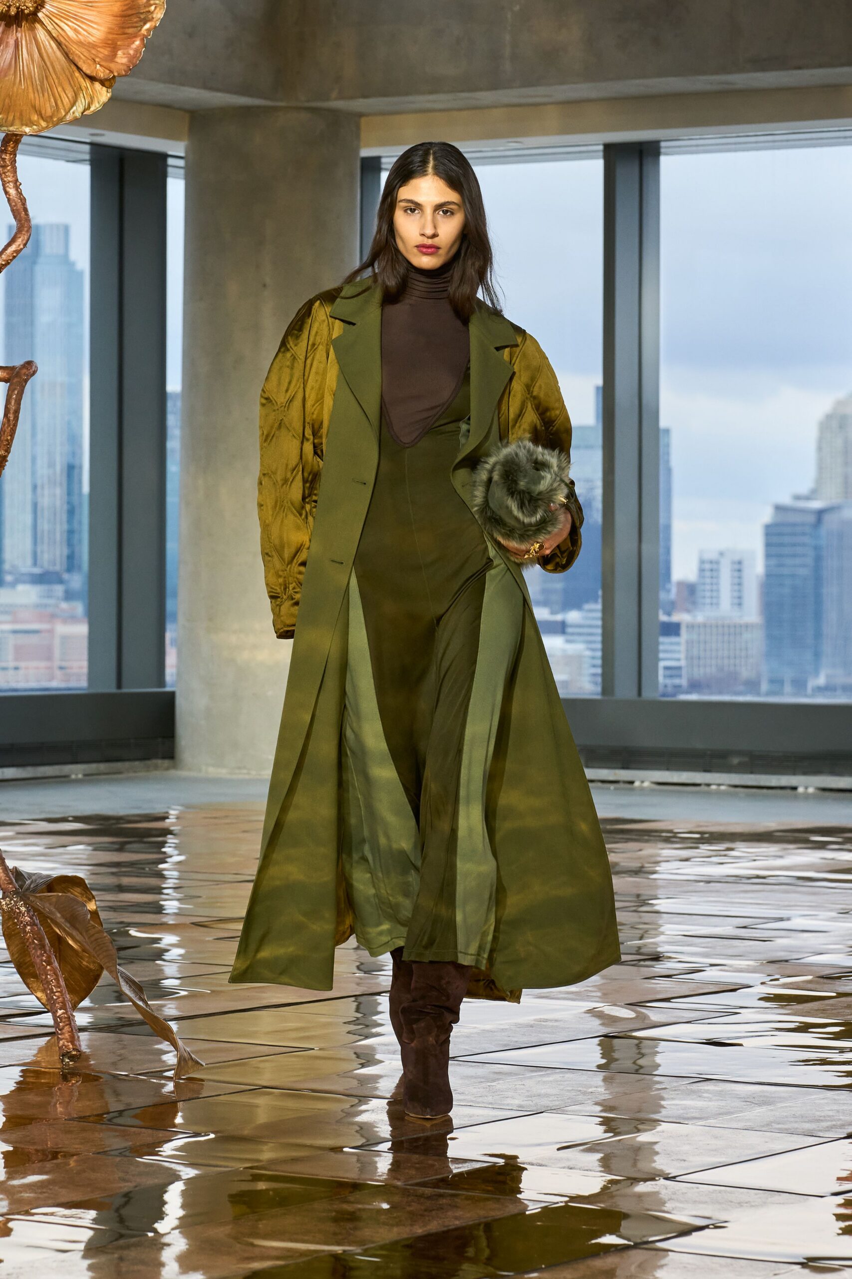 green silk long-sleeve collared relaxed layered maxi coat