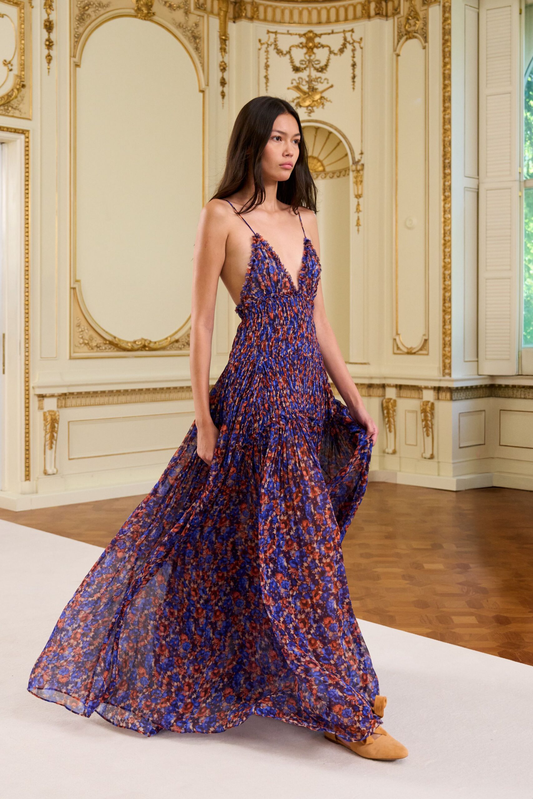 blue and orange floral gown