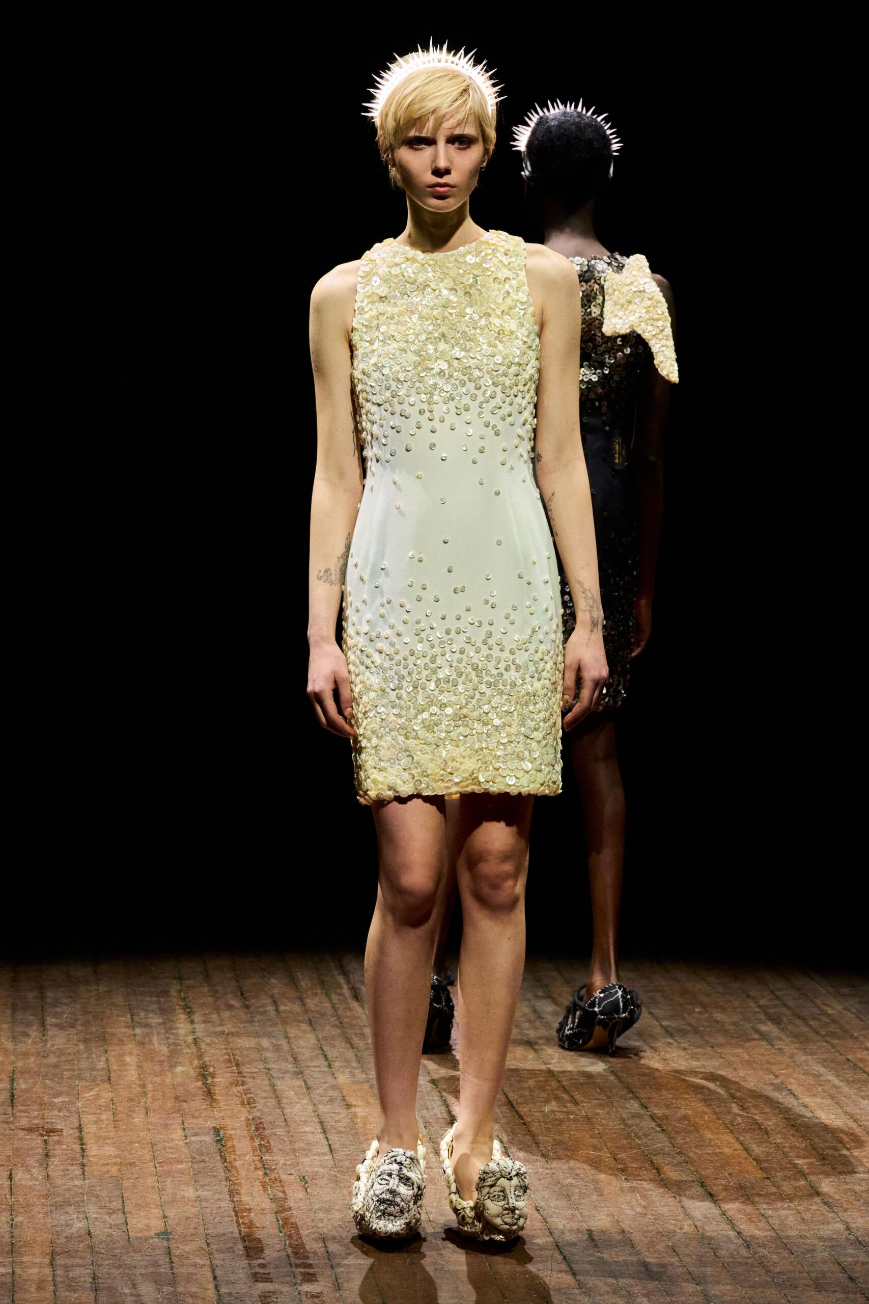 yellow beaded mini dress with shoes