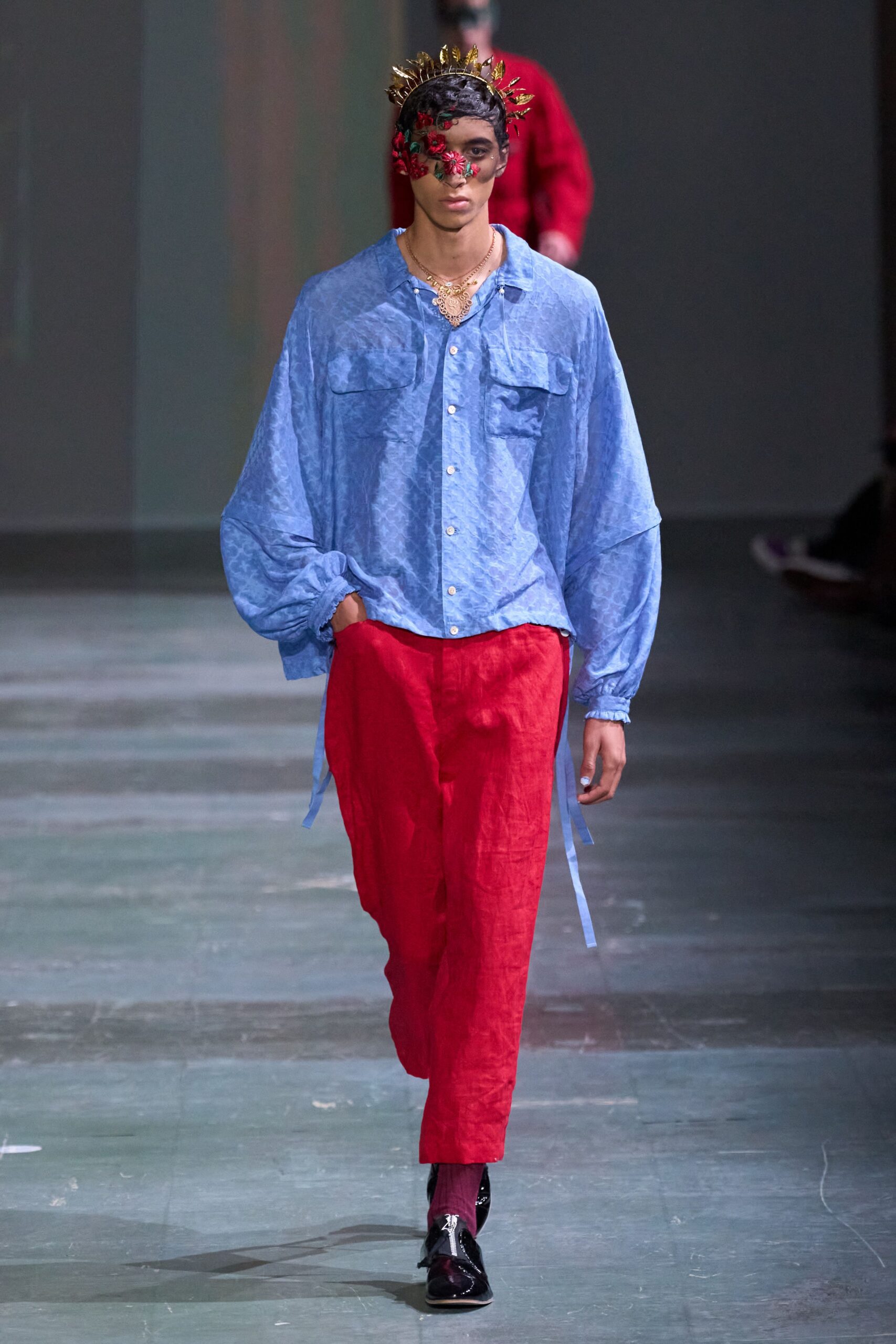 red linen relaxed straight-leg pants