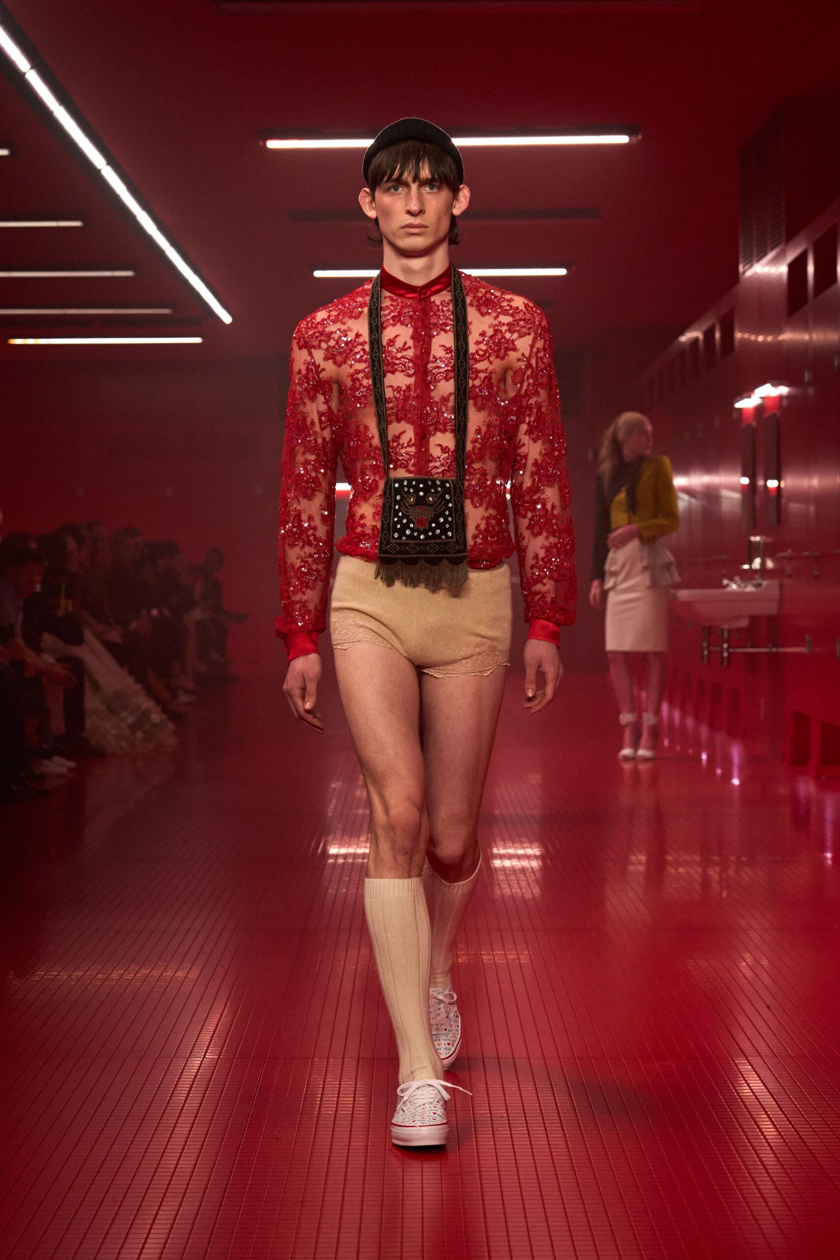 red lace long-sleeve collared fitted embroidered shirt