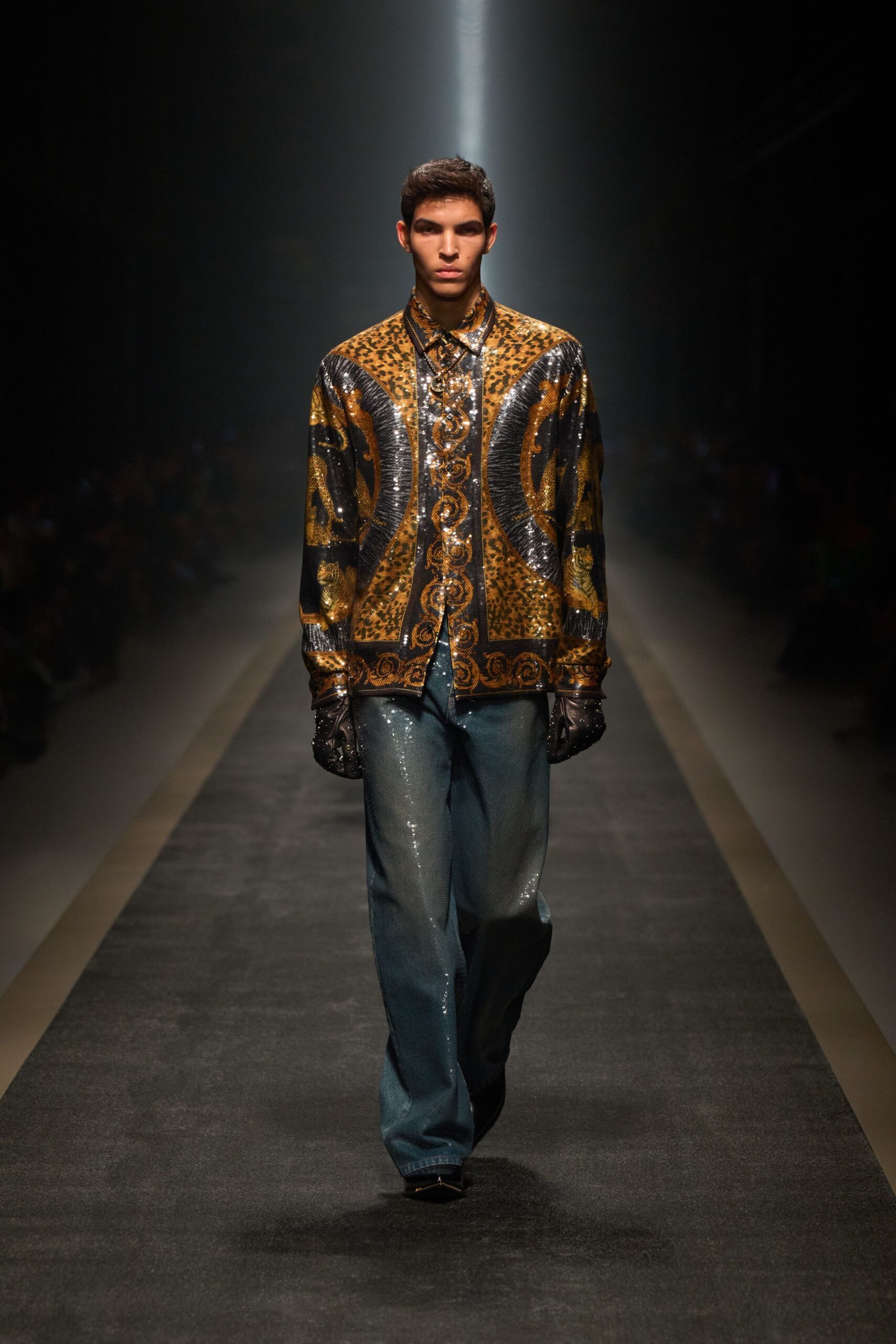 gold printed shirt with denim pants