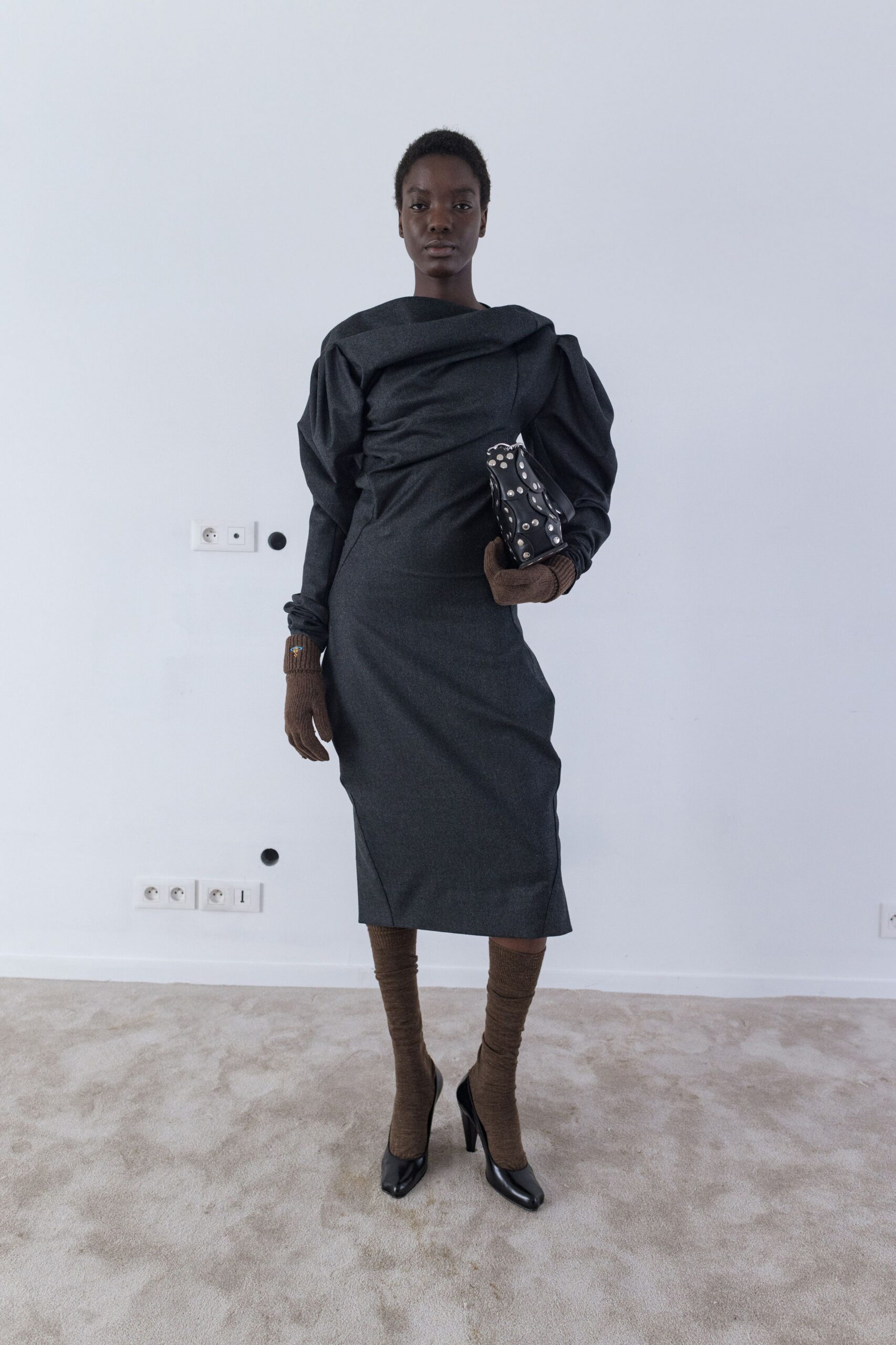 gray off-shoulder ruched dress