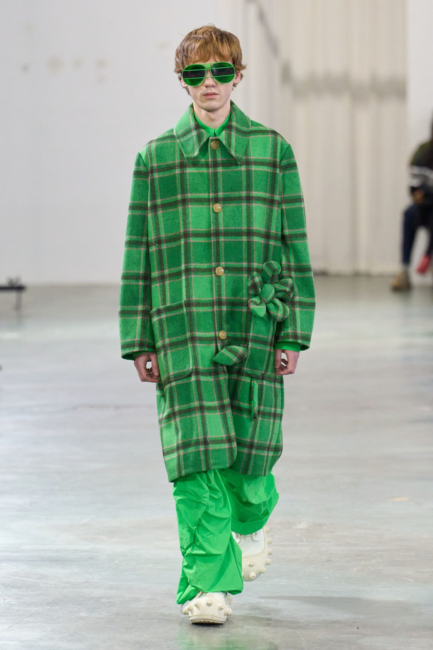 green vinyl fitted straight-leg pants