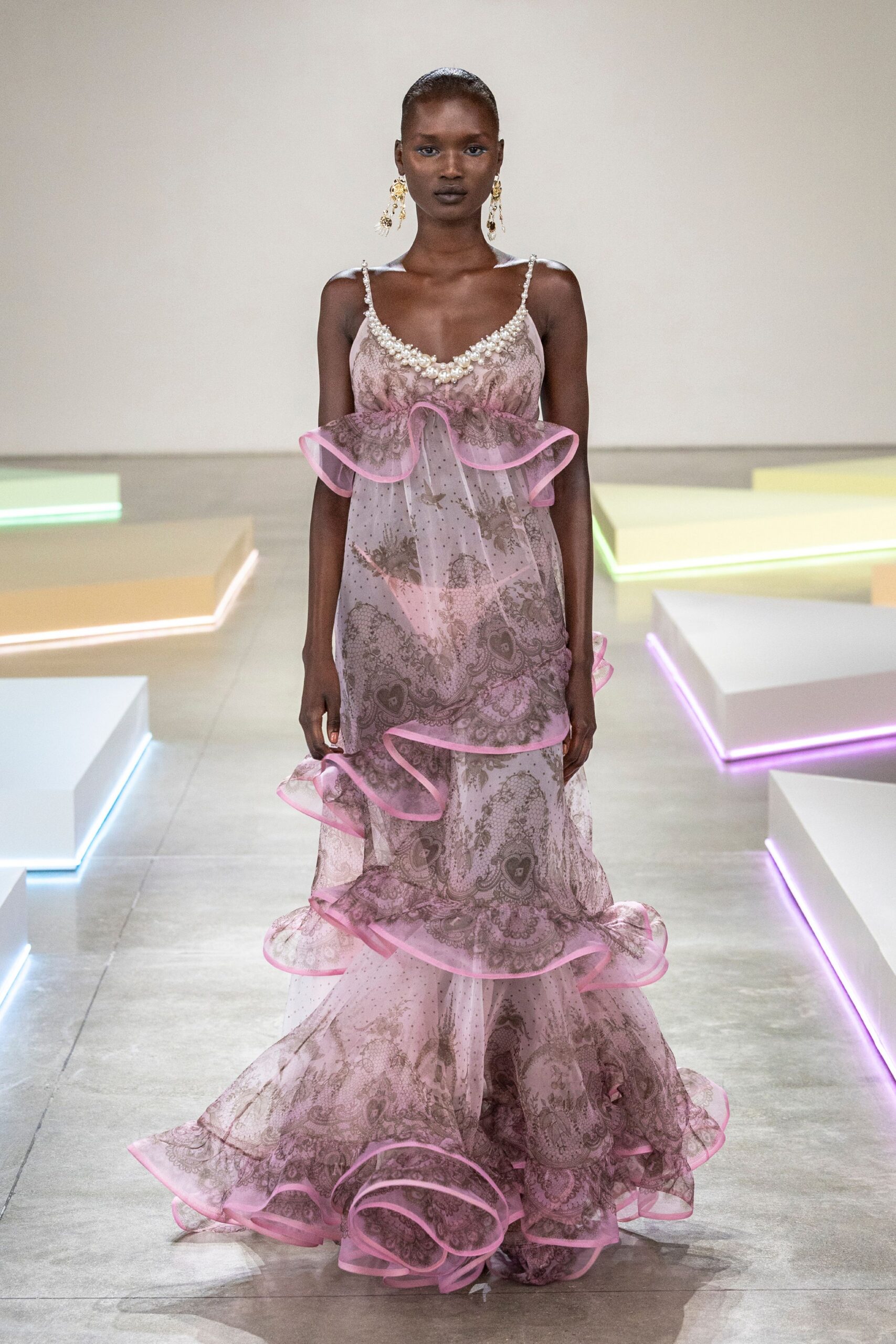pink ruffled silk gown