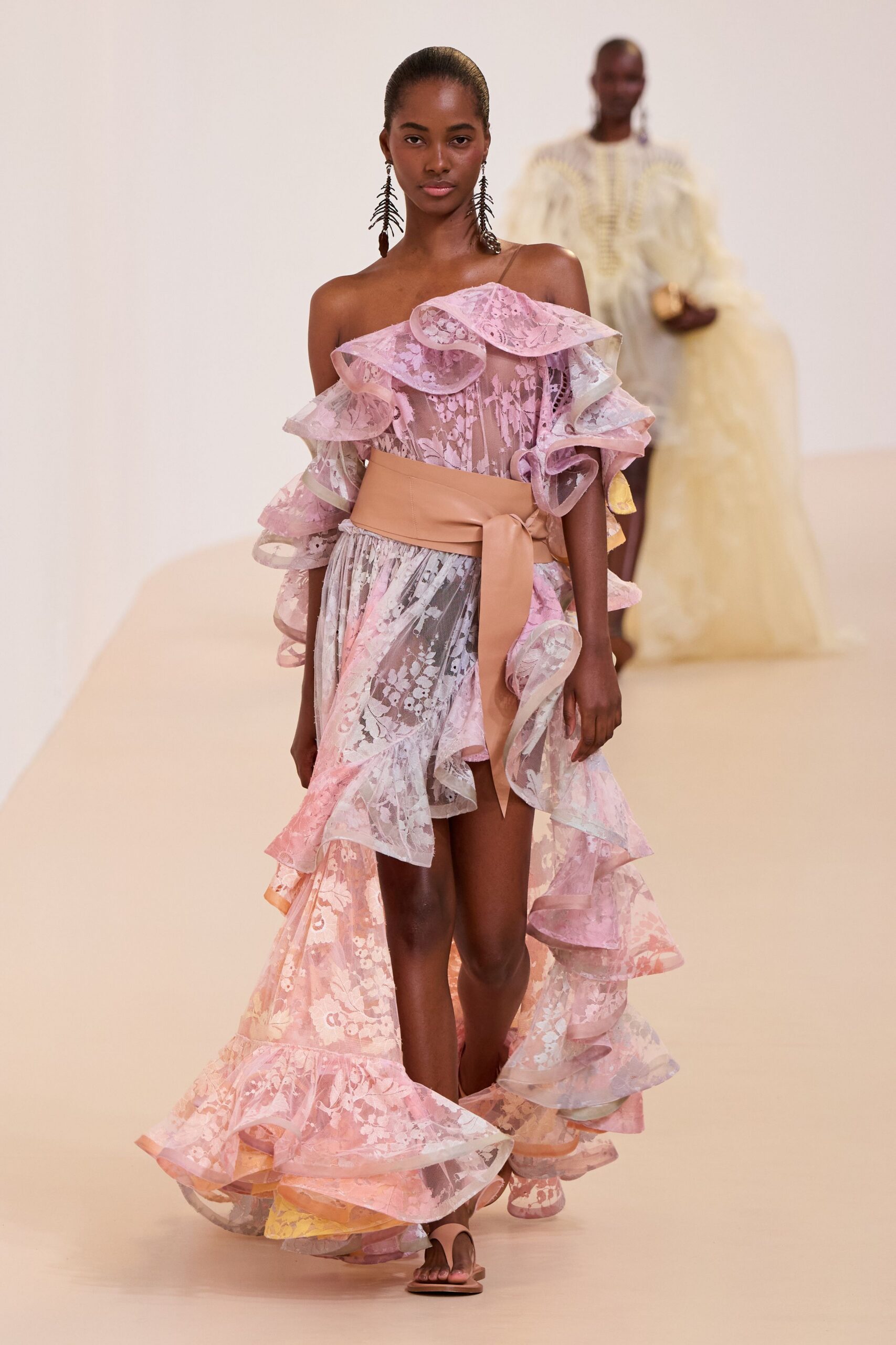 pink silk off-shoulder fitted ruffled layered flowing dress