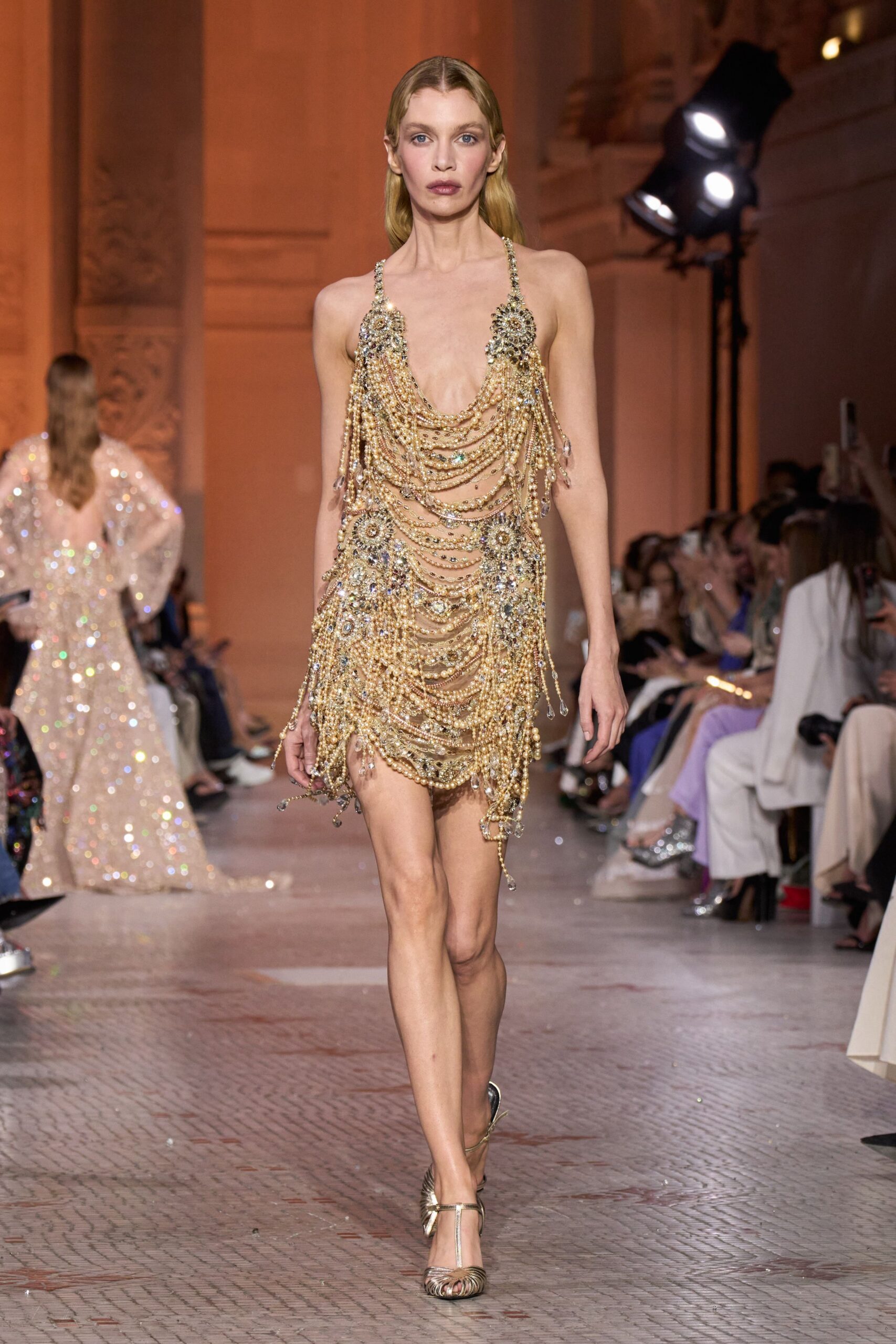 gold silk sleeveless v-neck fitted beaded layered dress