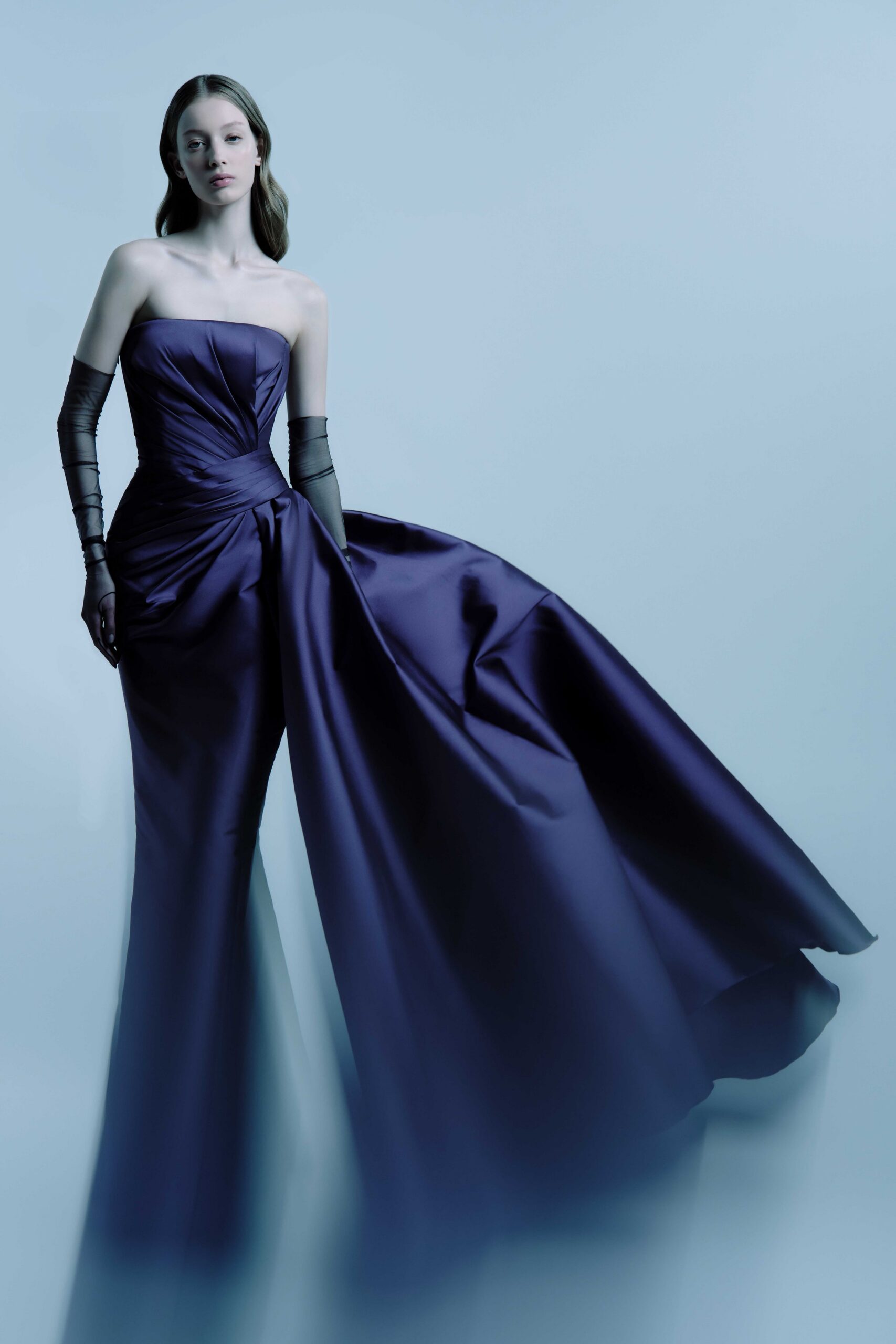 purple silk strapless gown