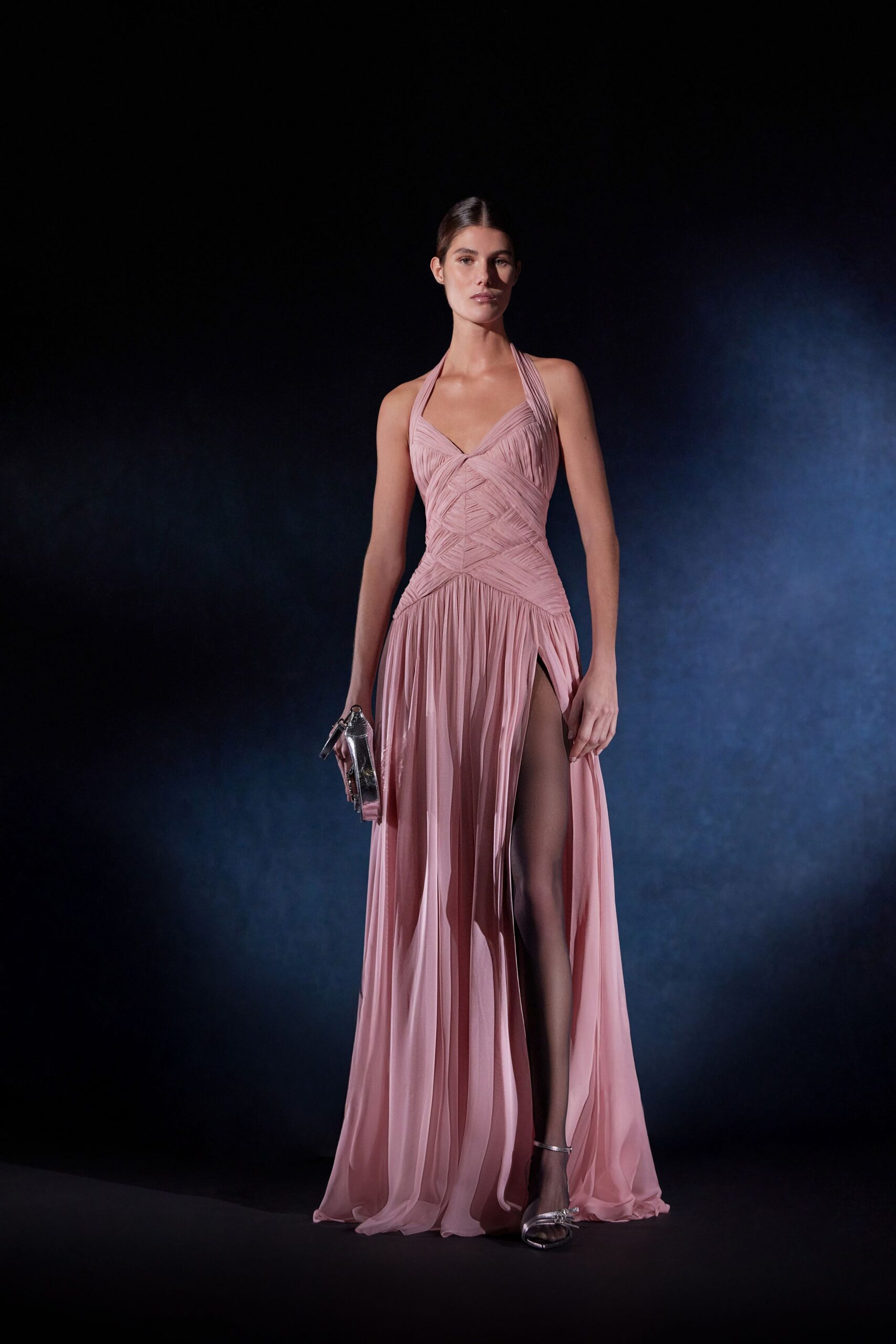 pink silk sleeveless v-neck fitted draped flowing gown