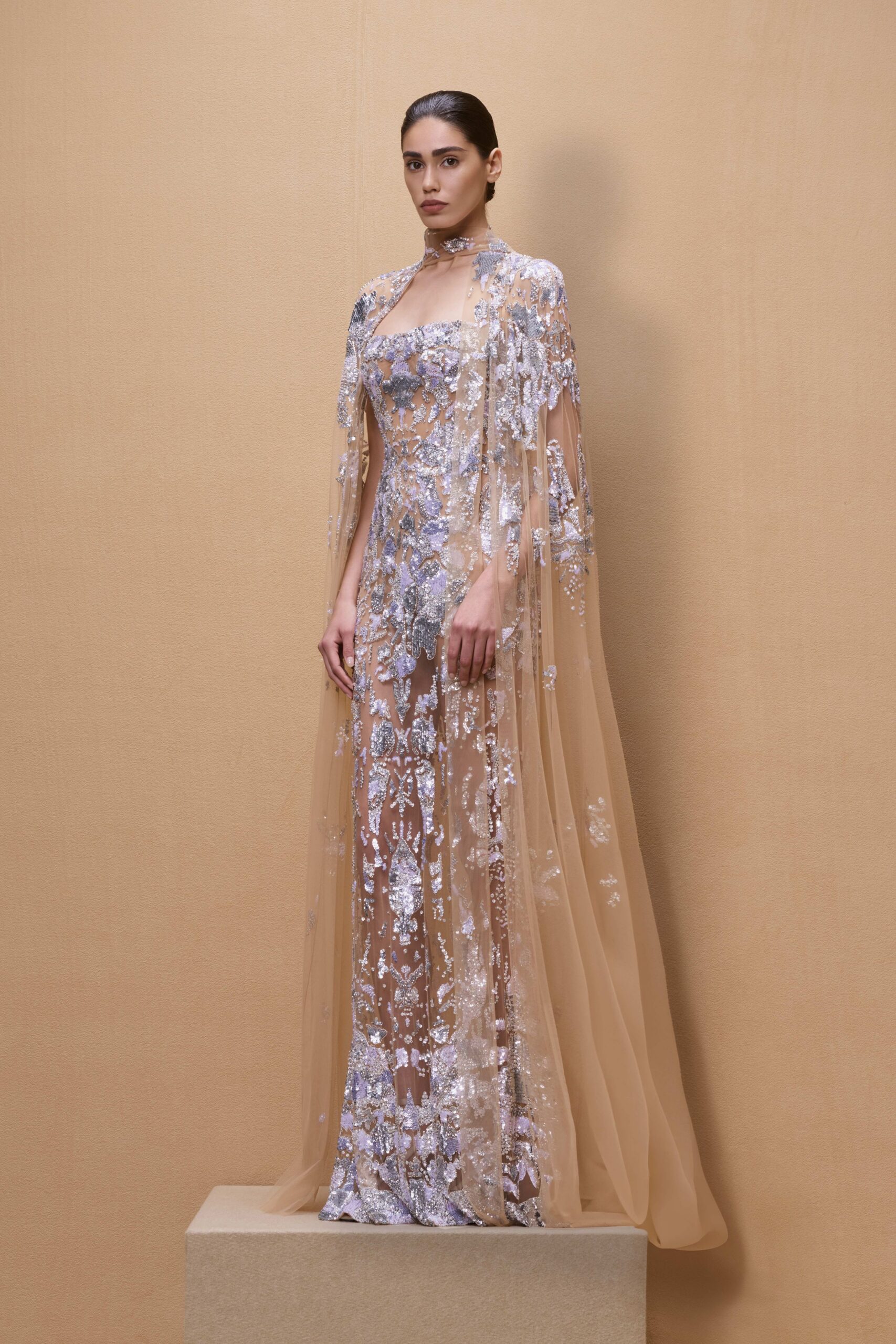 blue silk sleeveless square-neck fitted embroidered gown