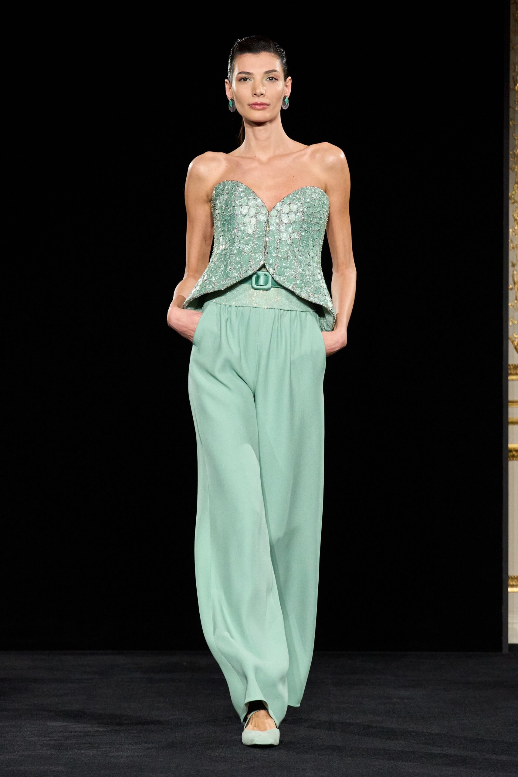 green silk strapless fitted embellished top