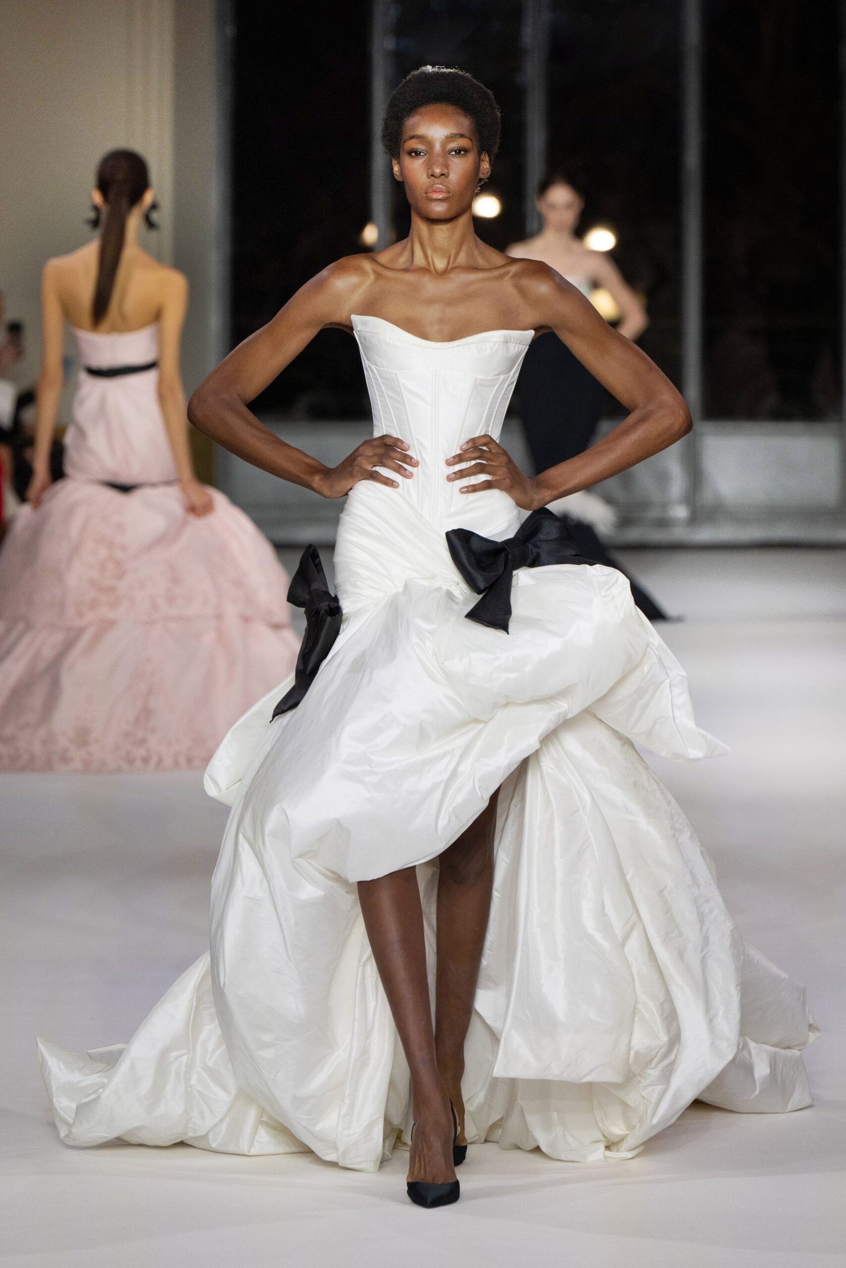 white silk strapless v-neck fitted pleated draped gown
