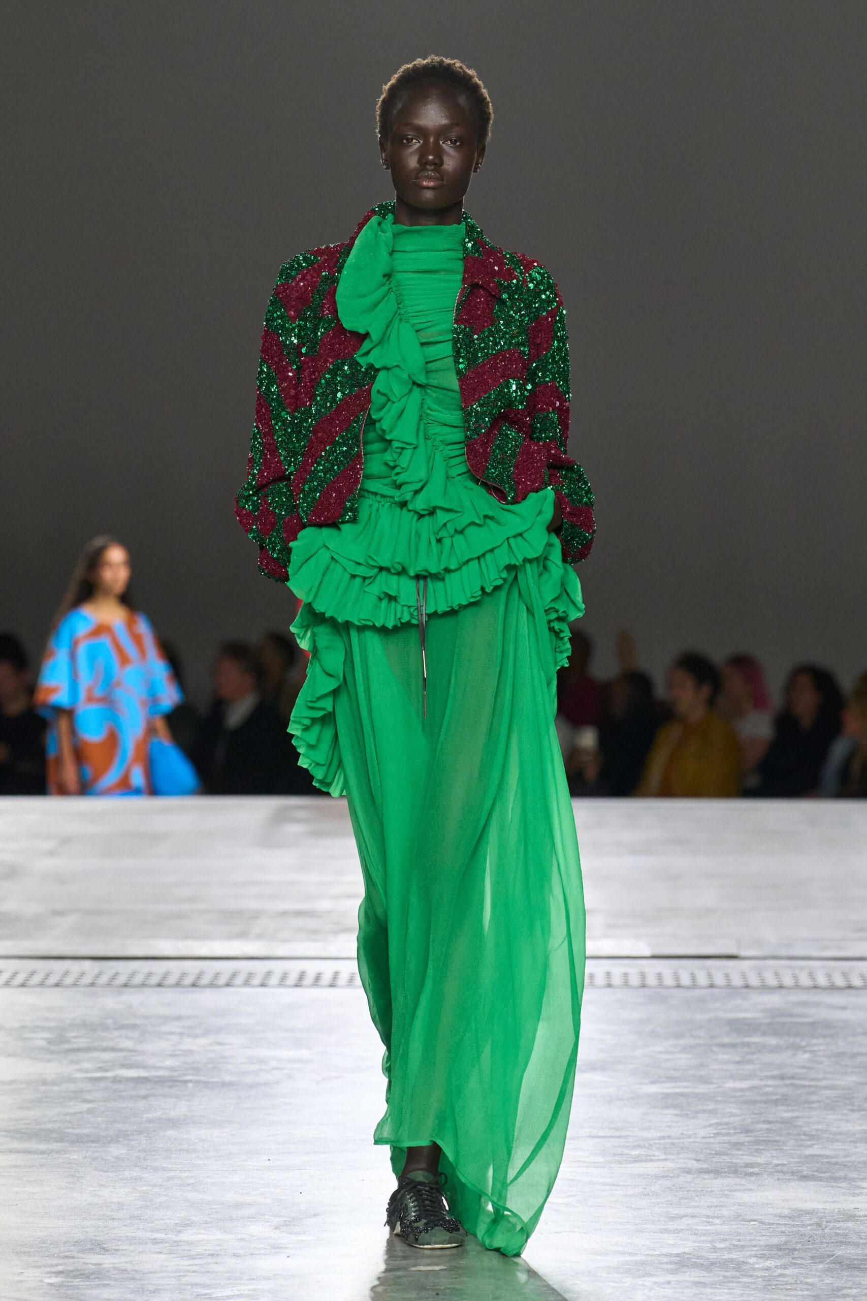 green chiffon long-sleeve high-neck fitted pleated layered dress