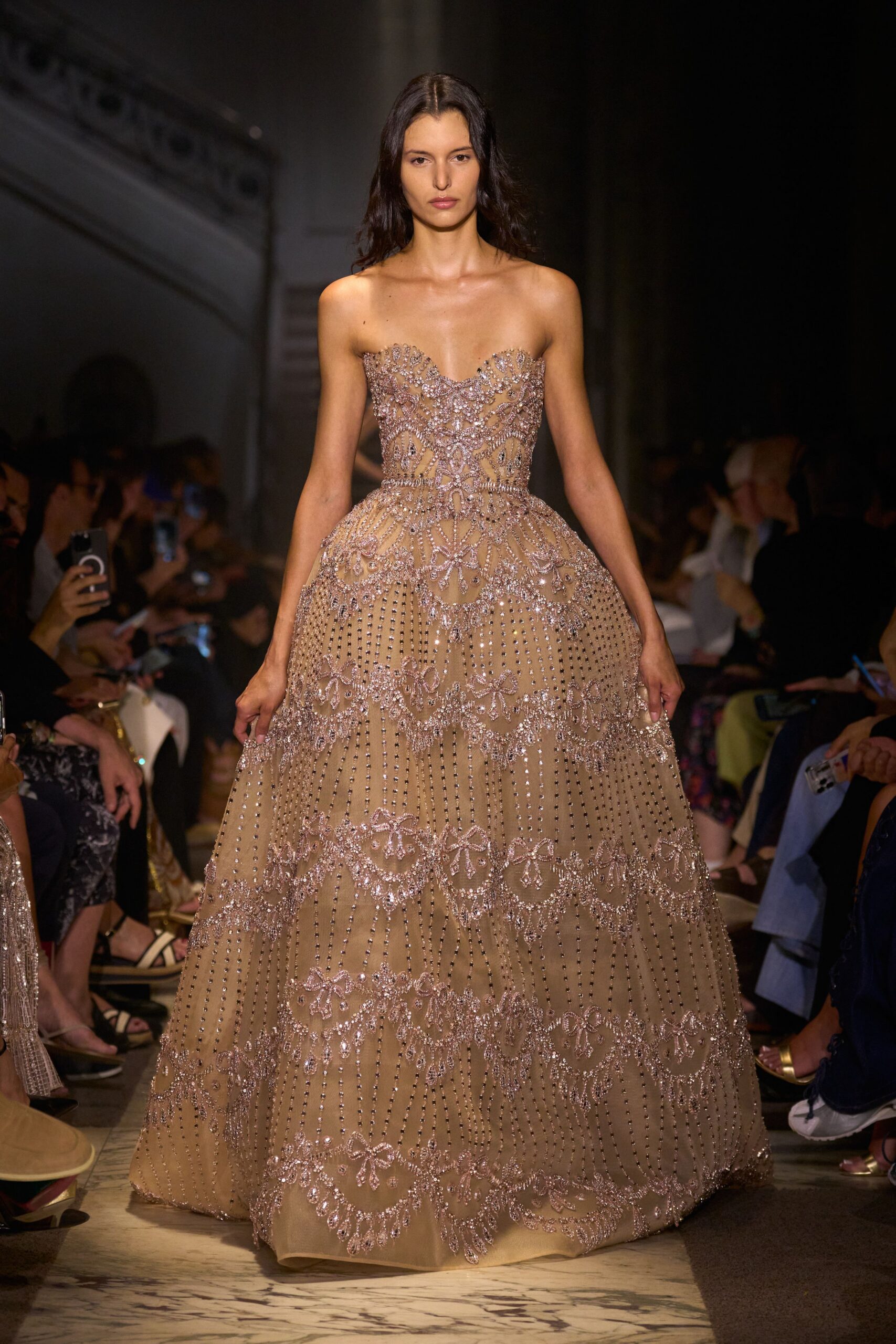 beige embroidered strapless gown