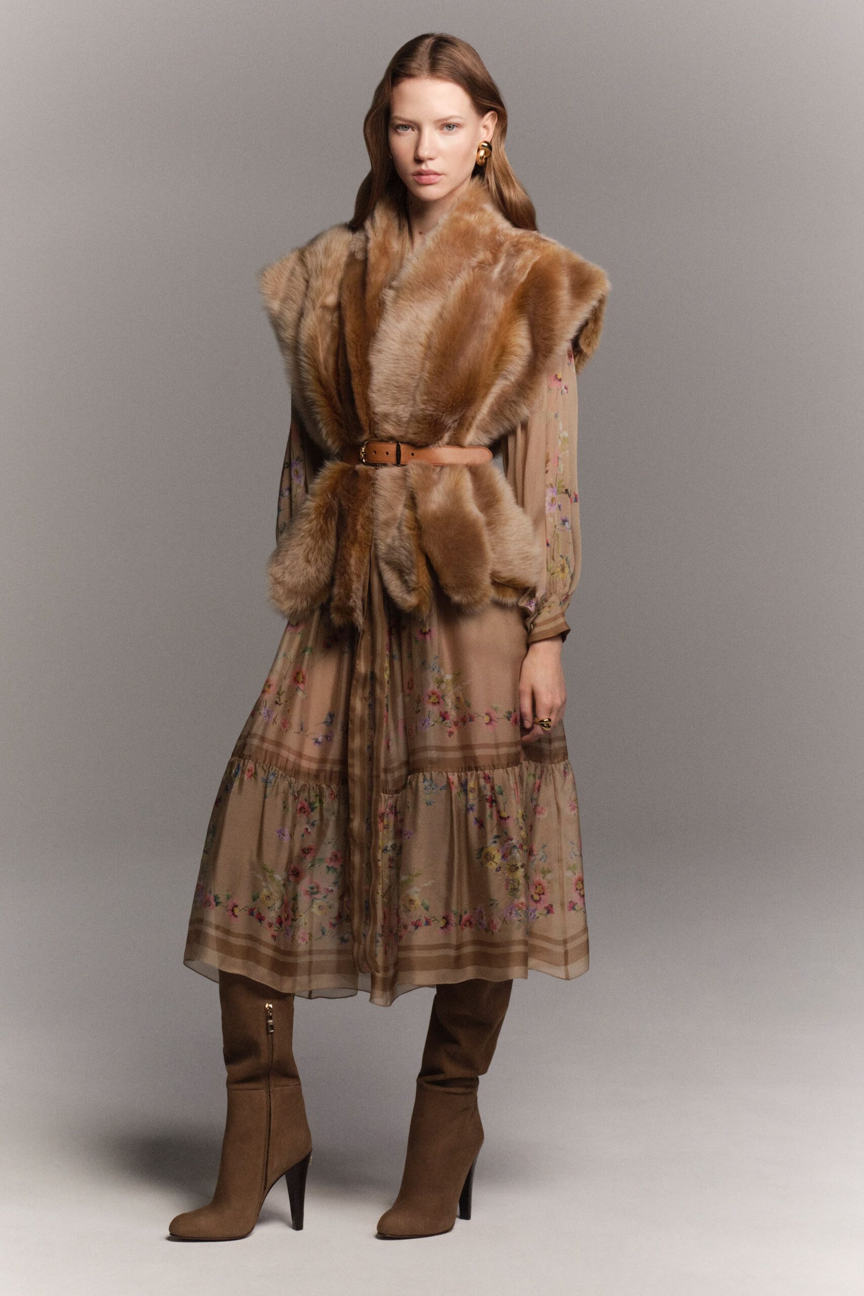 beige floral midi dress with fur coat