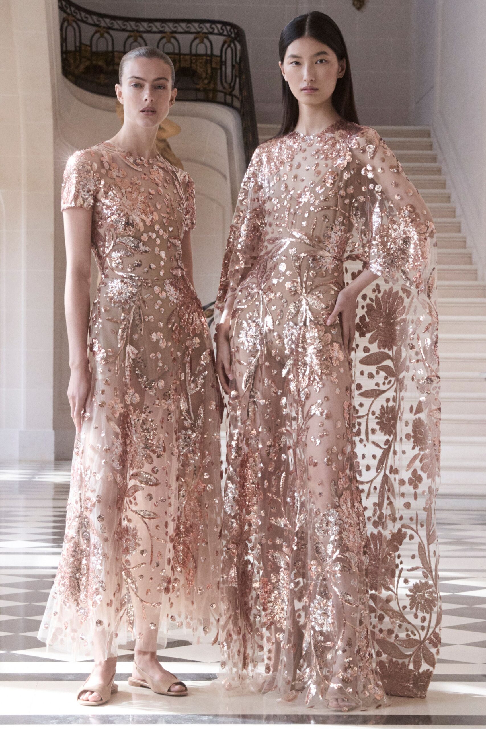 pink silk long-sleeve high-neck fitted embroidered layered gown